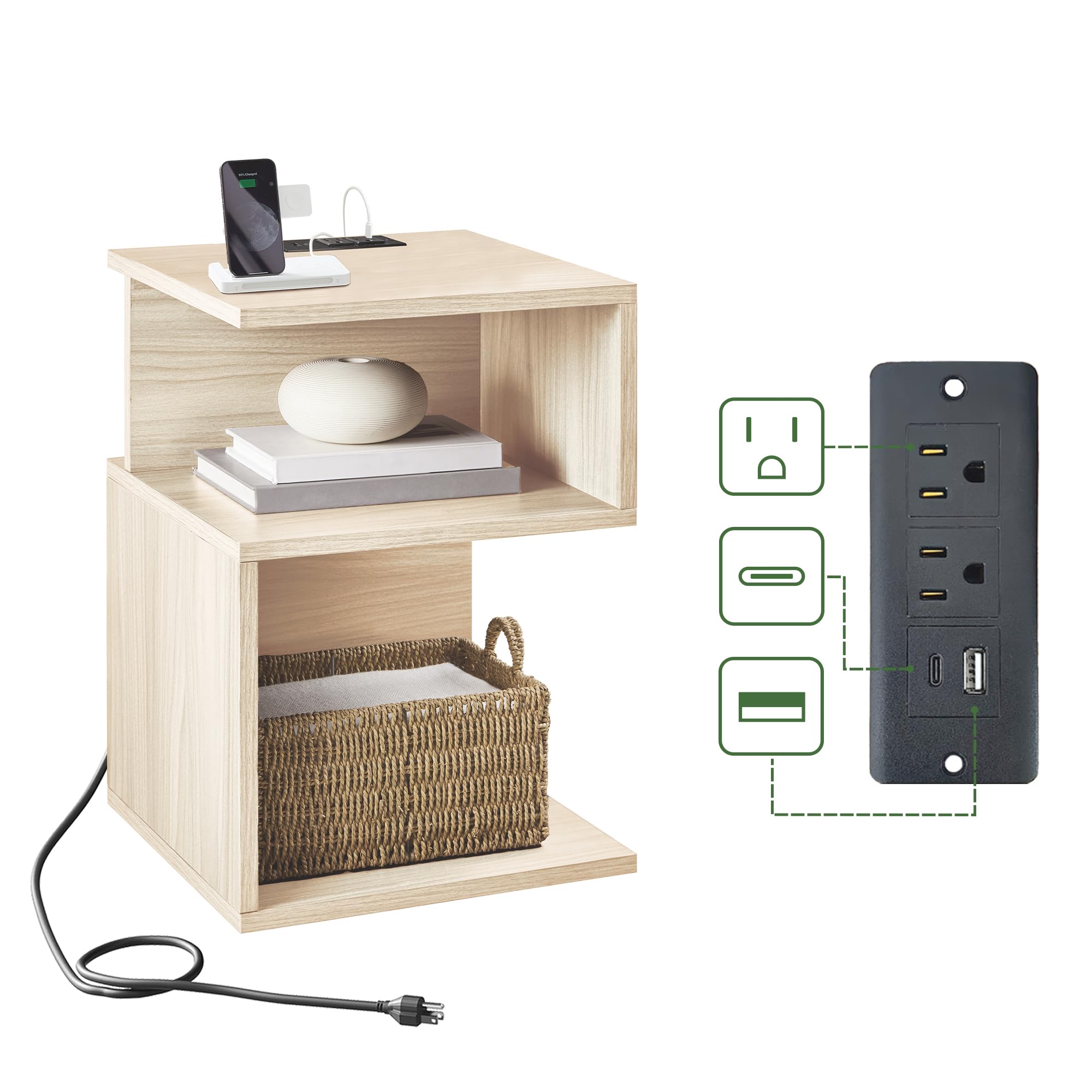 ODIKA Tokyo S Flip Minimalist 3 Tier End Table with Fast Charging Station - USB C Cable Wood Nightstand for Small Spaces with Open Storage Bedside Table for Bedroom (Reverse, Natural w/Charging)