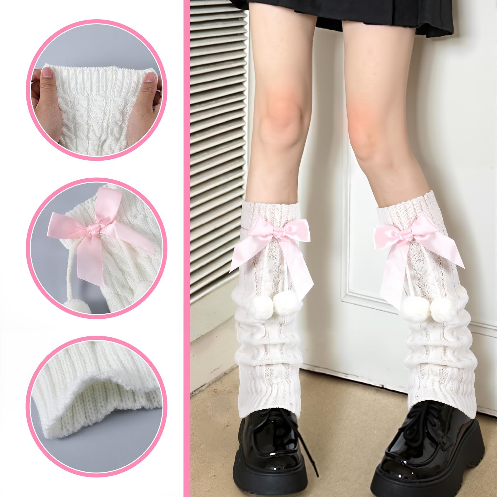 Leg Warmers z kokardką, długie ocieplacze na nogi dla kobiet, Y2K Harajuku, japoński wzór warkocza, sięgające kolan, białe ocieplacze na nogi Kawaii, nakładki na buty dla kobiet, do kostiumu