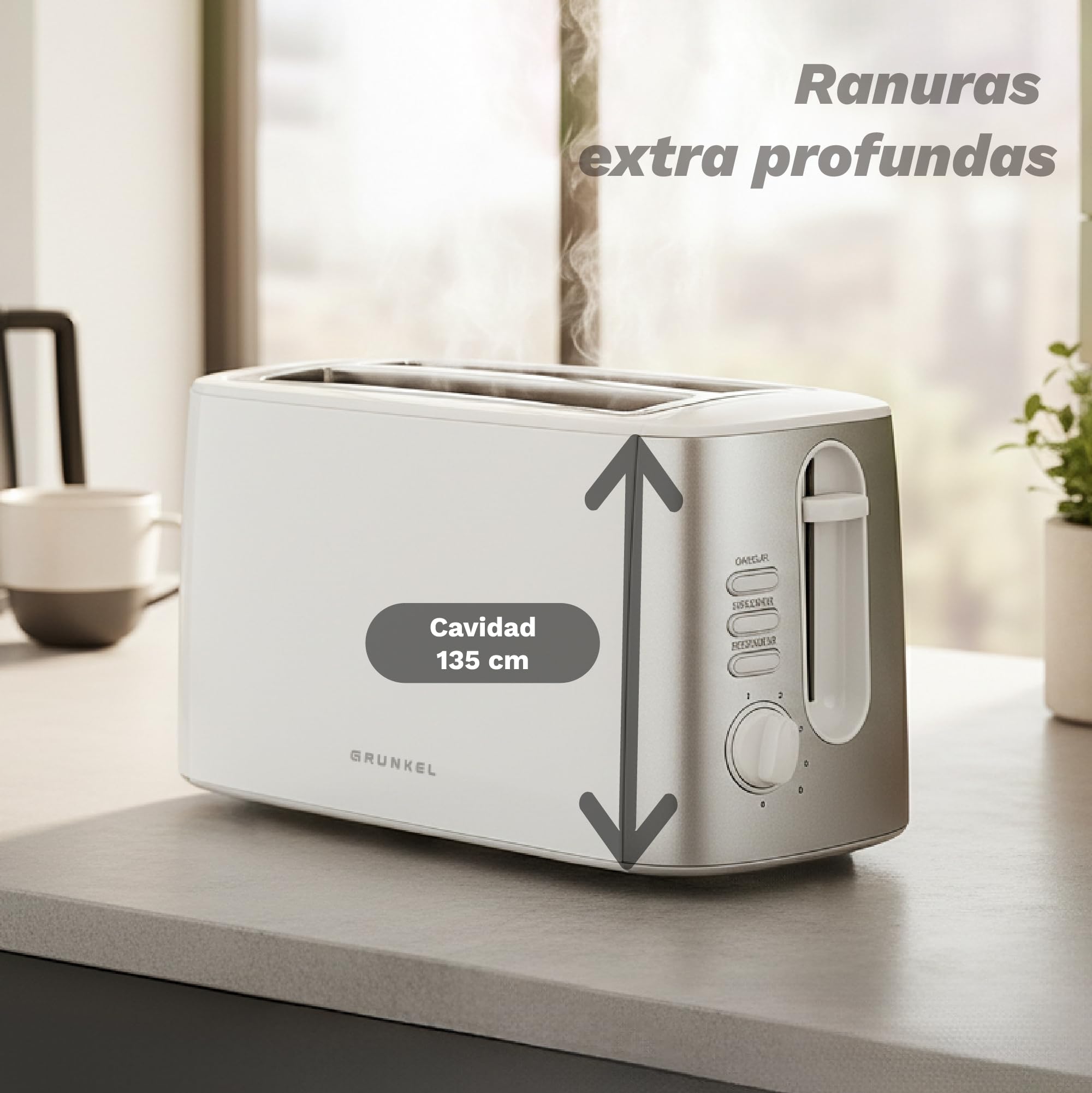 Grunkel - Tostador TS-DOBLEMAXI - Con ranura extra ancha con 7 niveles de tostado, bandeja recogemigas extraíble y recogecable. Función recalentar, descongelar y cancelar - 1400W - (Ranura doble)
