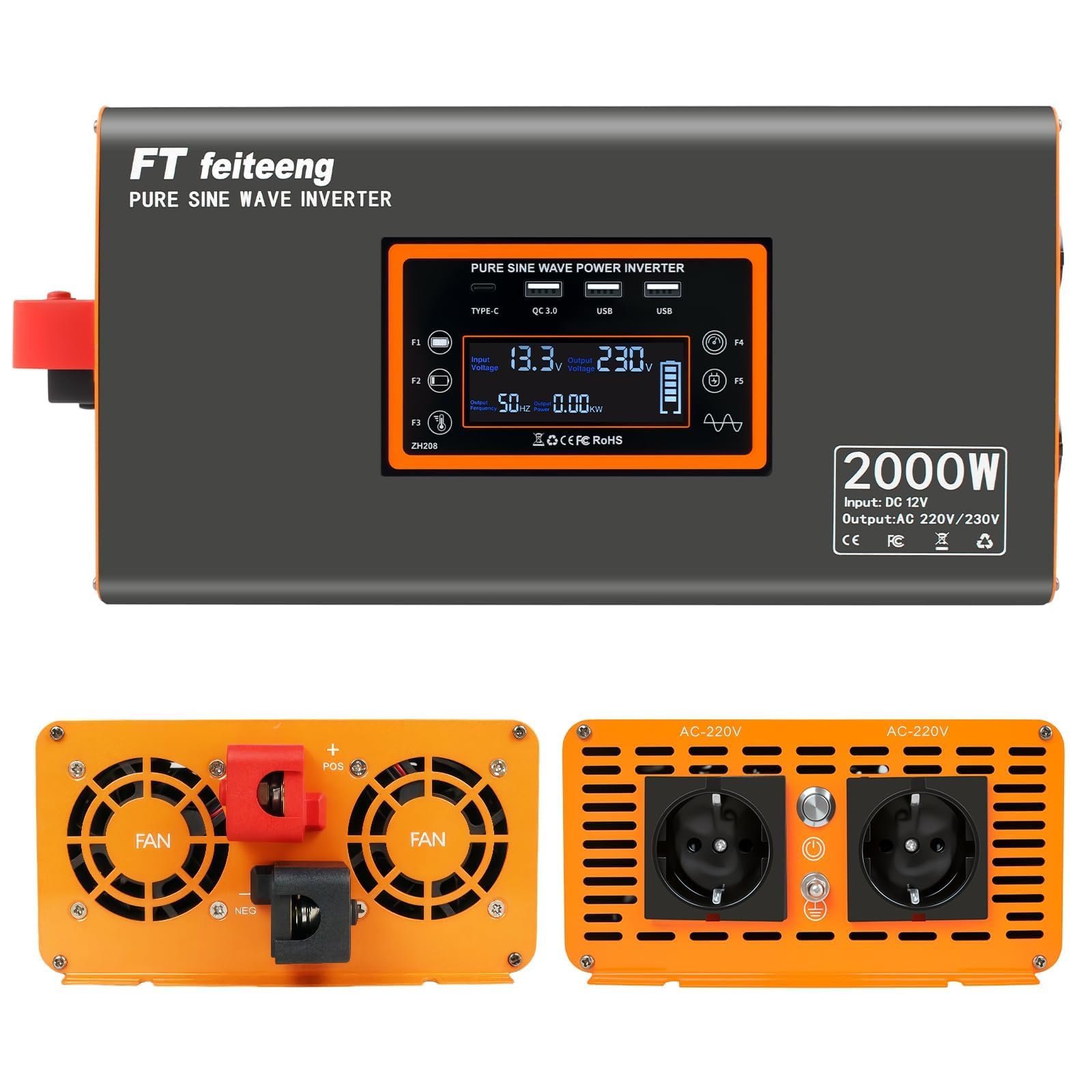 2000W/4000W Wechselrichter 12V auf 230V Reiner Sinus, EU Steckdosen, 30W USB-C, LCD-Fernbedienung, Spannungswandler für Wohnwagen LKW Solar