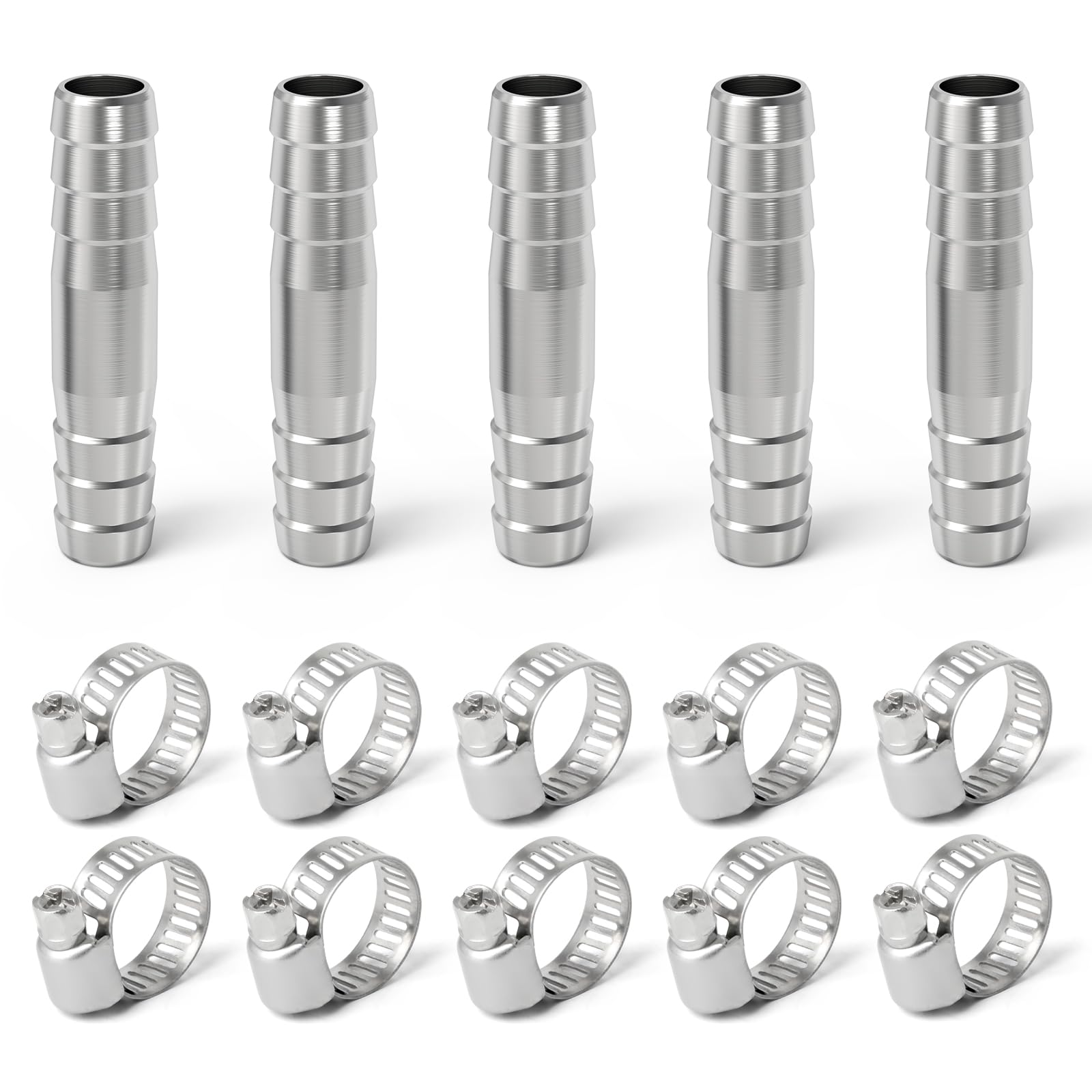 ERGAOBOY 5Pcs 19MM 304 Stainless Steel Hose Barb Splicer Mender Round Union Coupler, Straight Adapter Fitting with Clamp for Air Water Fuel