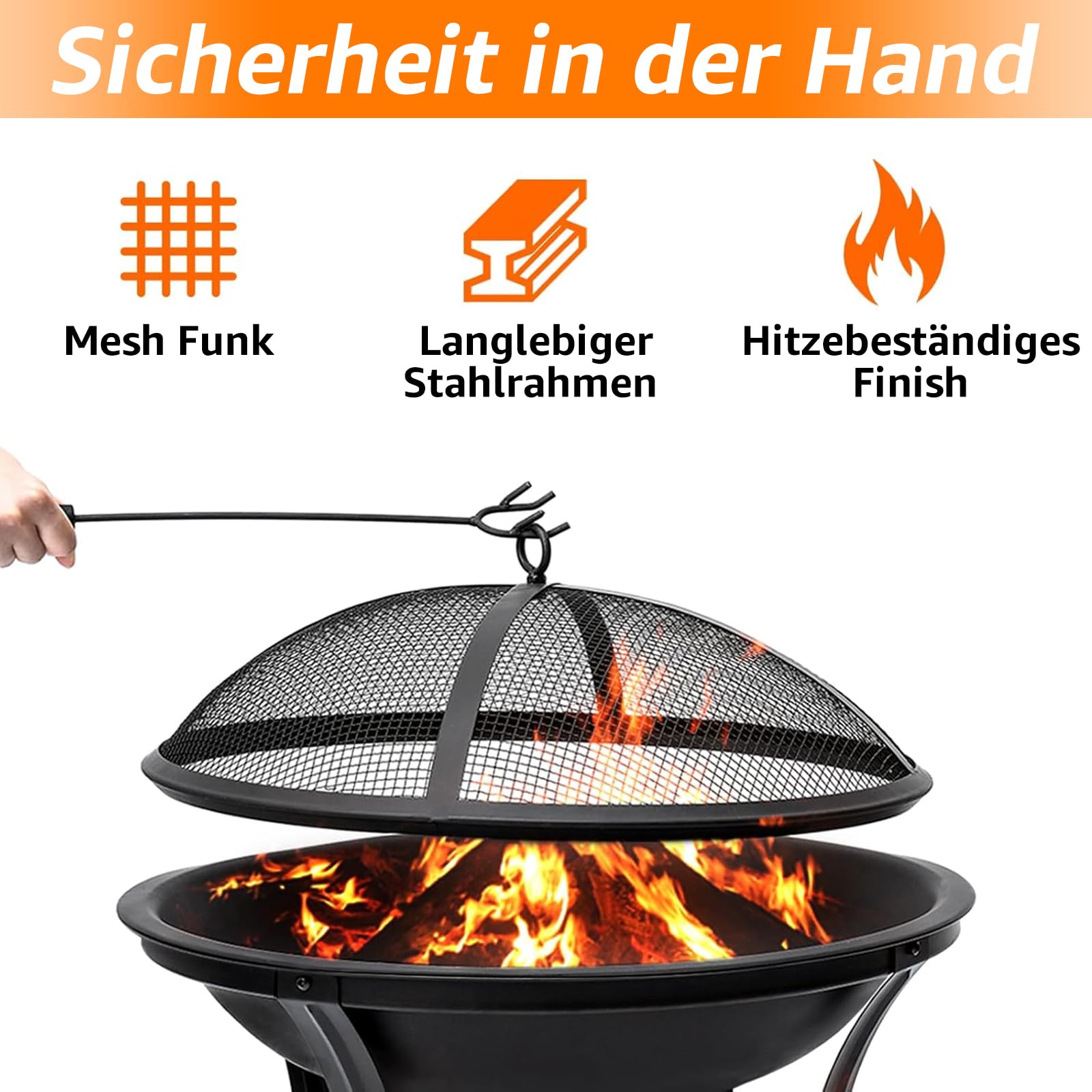 Garpans Feuerschale mit Funkenschutz Ø 55 cm Outdoor Feuerstelle Feuerkorb für Heizung Fire Pit Garten Camping Terrasse Schwarz