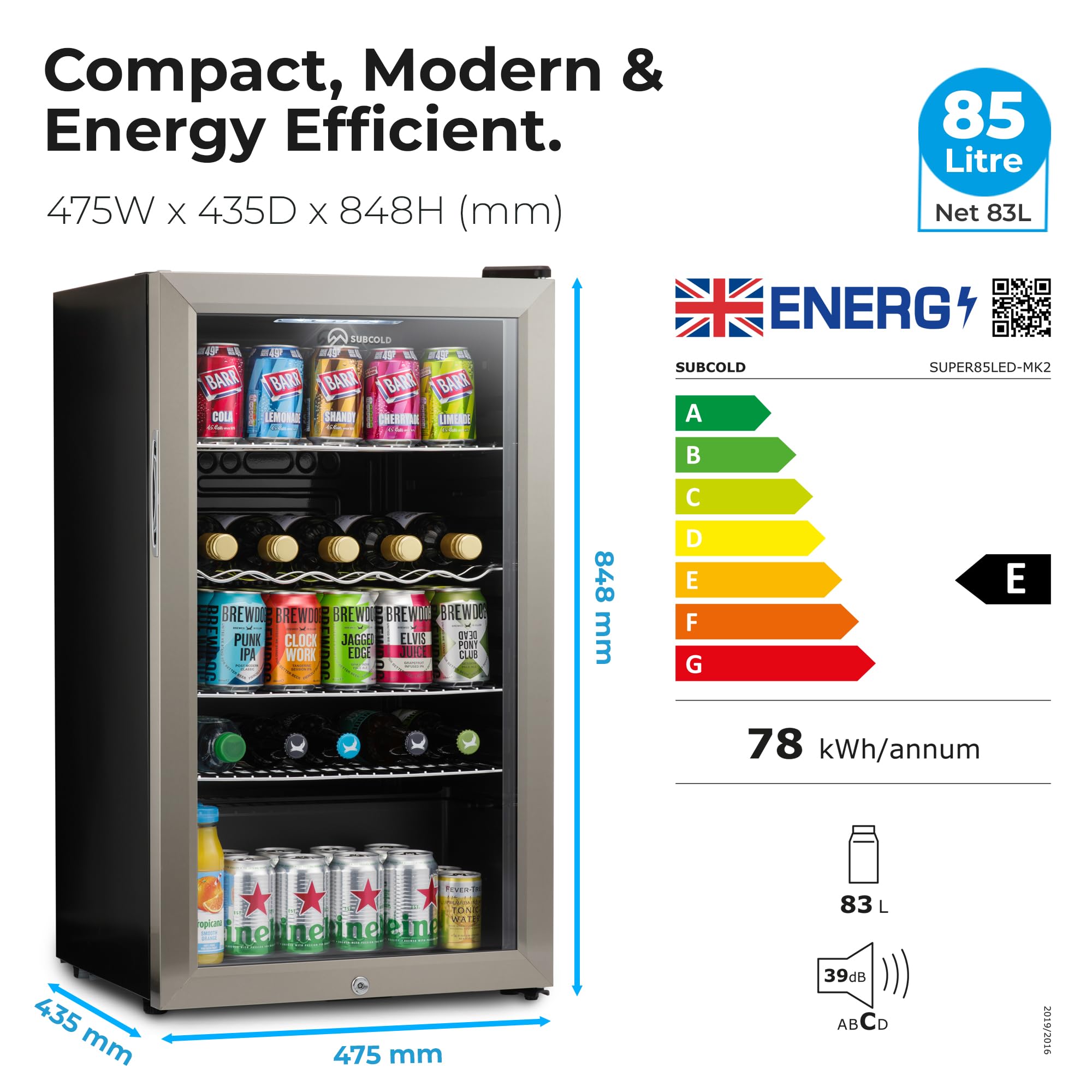 Subcold Super85 LED - Under-Counter Fridge | 85L Beer, Wine & Drinks Fridge | LED Light + Lock and Key | Energy Efficient (Stainless Steel, 85L) — view 3