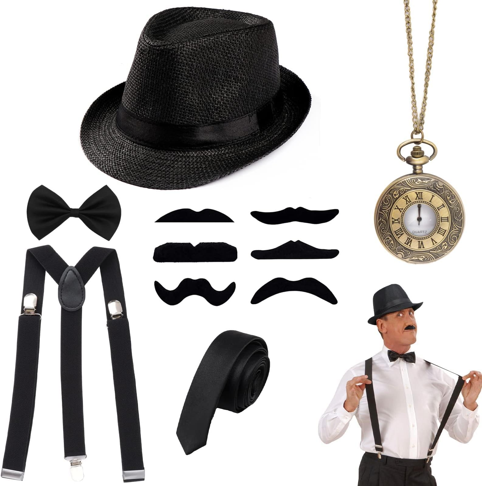1920s Men Fancy Dress Accessories, Fancy Dress Accessories Set 5 Pieces 1920s Men Accessories Set Includings Beret Hat, Adjustable Elastic Suspenders, Bow Tie, Vintage Pocket Watch and Toy Handle