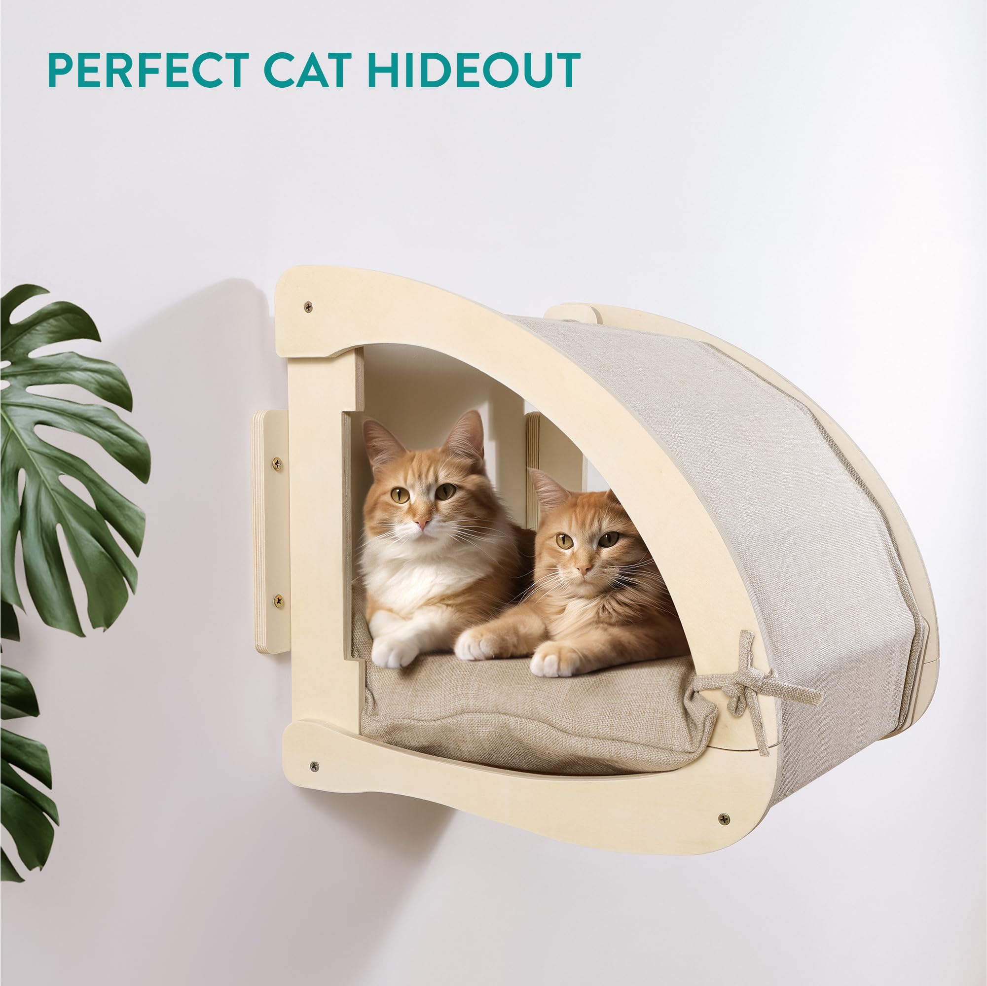 Navaris Wall-Mounted Cat Tree for Indoor Cats - Sturdy and Cosy Cat Furniture - Cat Steps and Bed for Large Cats and Kittens - Natural Pine, Linen and Jute, Beige