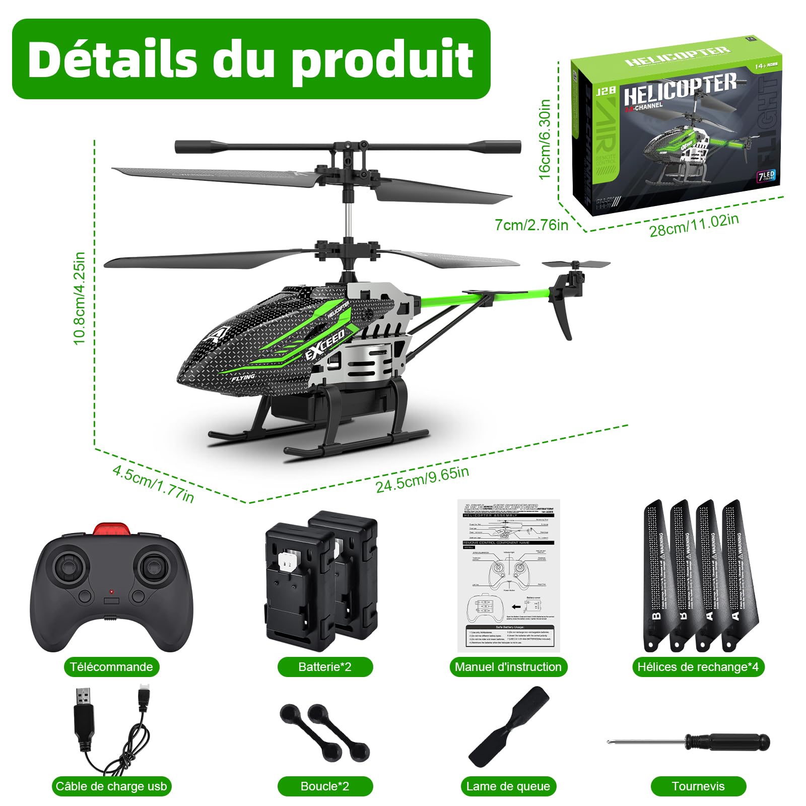 Hélicoptère Télécommandé 2.4G RC avec Éclairage LED 3,5 Canaux Gyro pour Enfant Adultes