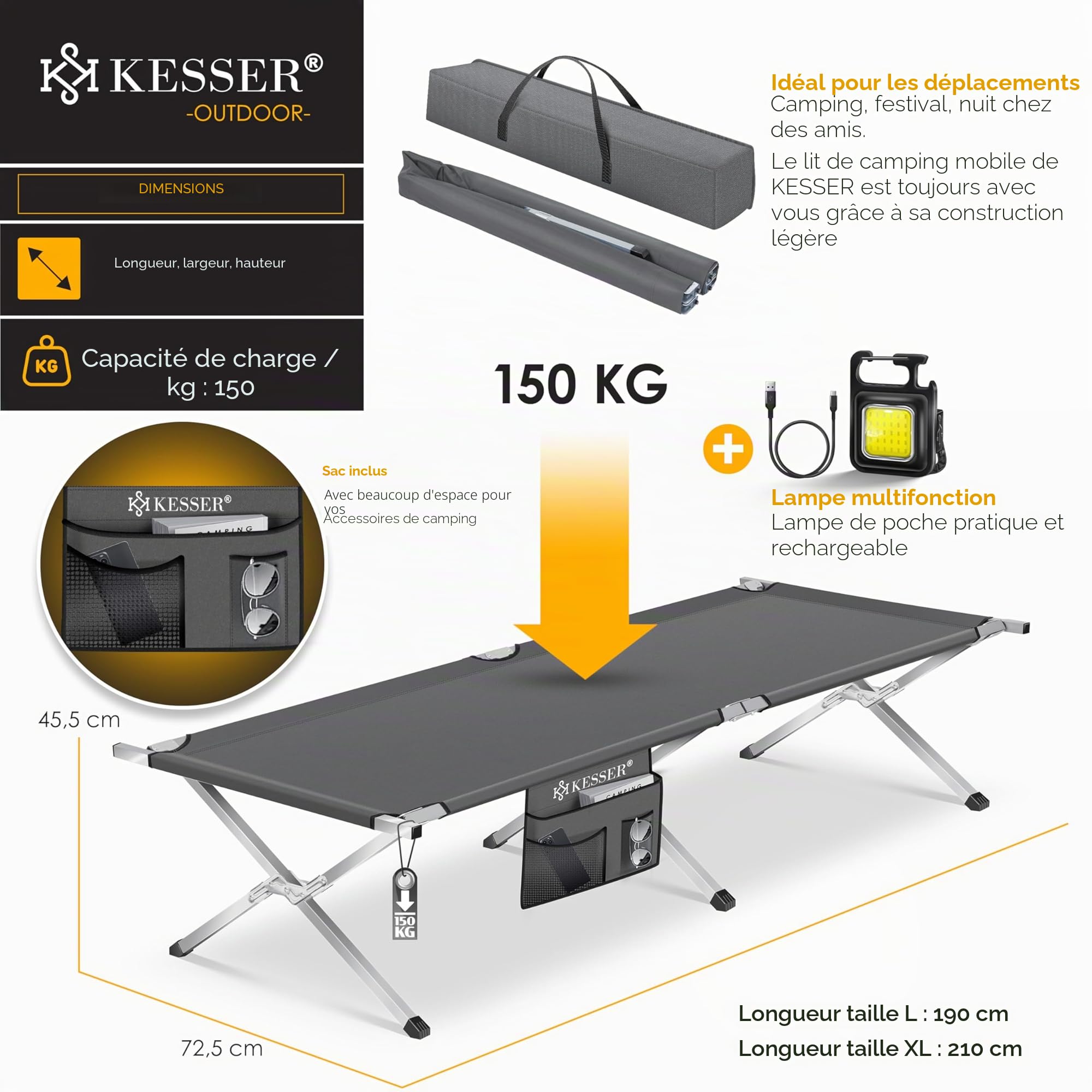 KESSER® Lit de Camping Pliant avec Sac de Transport et Poche latérale 210 x 73 x 45 cm Charge maximale 150 kg Tube métallique 600D Tissu Oxford Portable Chaise Longue de Voyage Confortable avec Sac