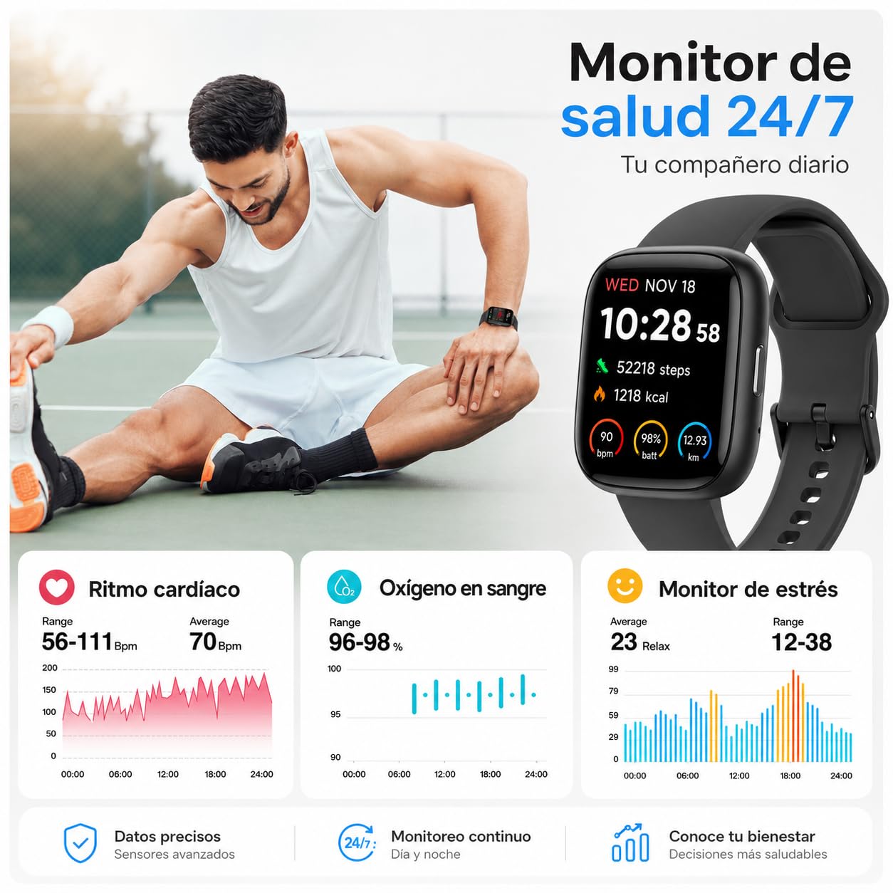 VRPEFIT - Smartwatch Hombre/Mujer, notificaciones Whatsapp, Pantalla táctil 1.8" HD, Llamadas Bluetooth, Ritmo cardíaco, SpO2, sueño, 100+ Modos Deportivos, IP68, Android/iOS