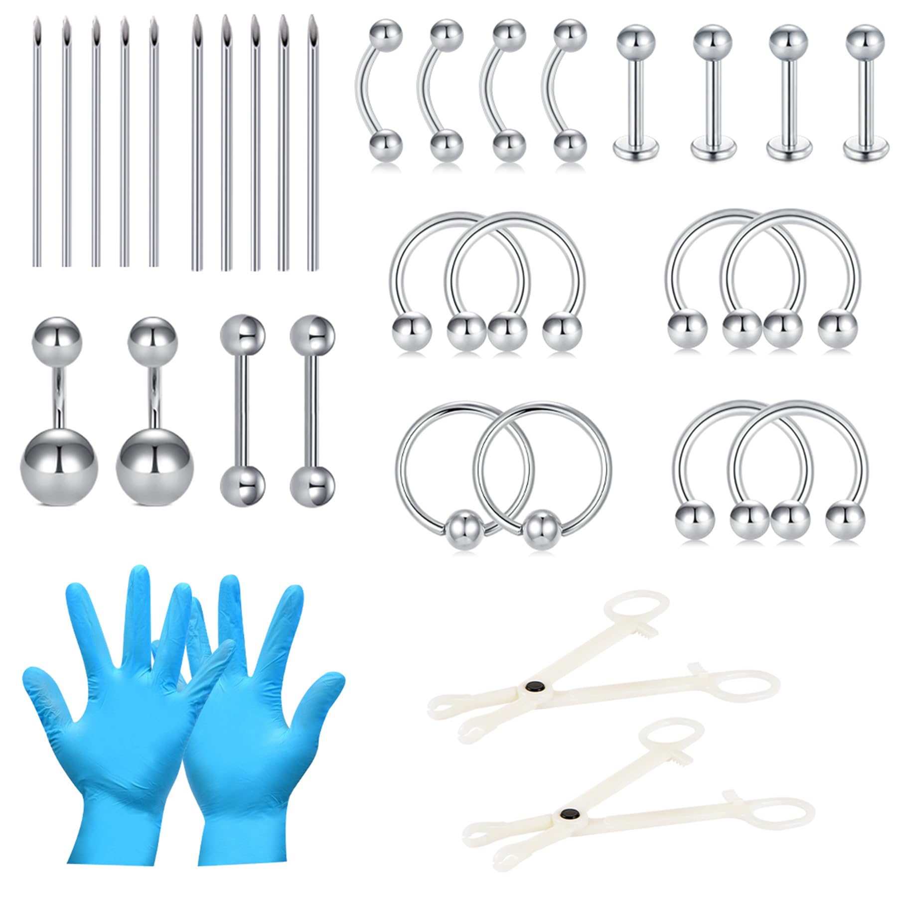 AceFun Profesjonalny zestaw do piercingu ciała, 14 G, 16 g, 18 g, 20 g, ze stali nierdzewnej, do uszu, nosa, przegrody nosowej, pępka, warg, brwi, brwi, biżuteria do ciała