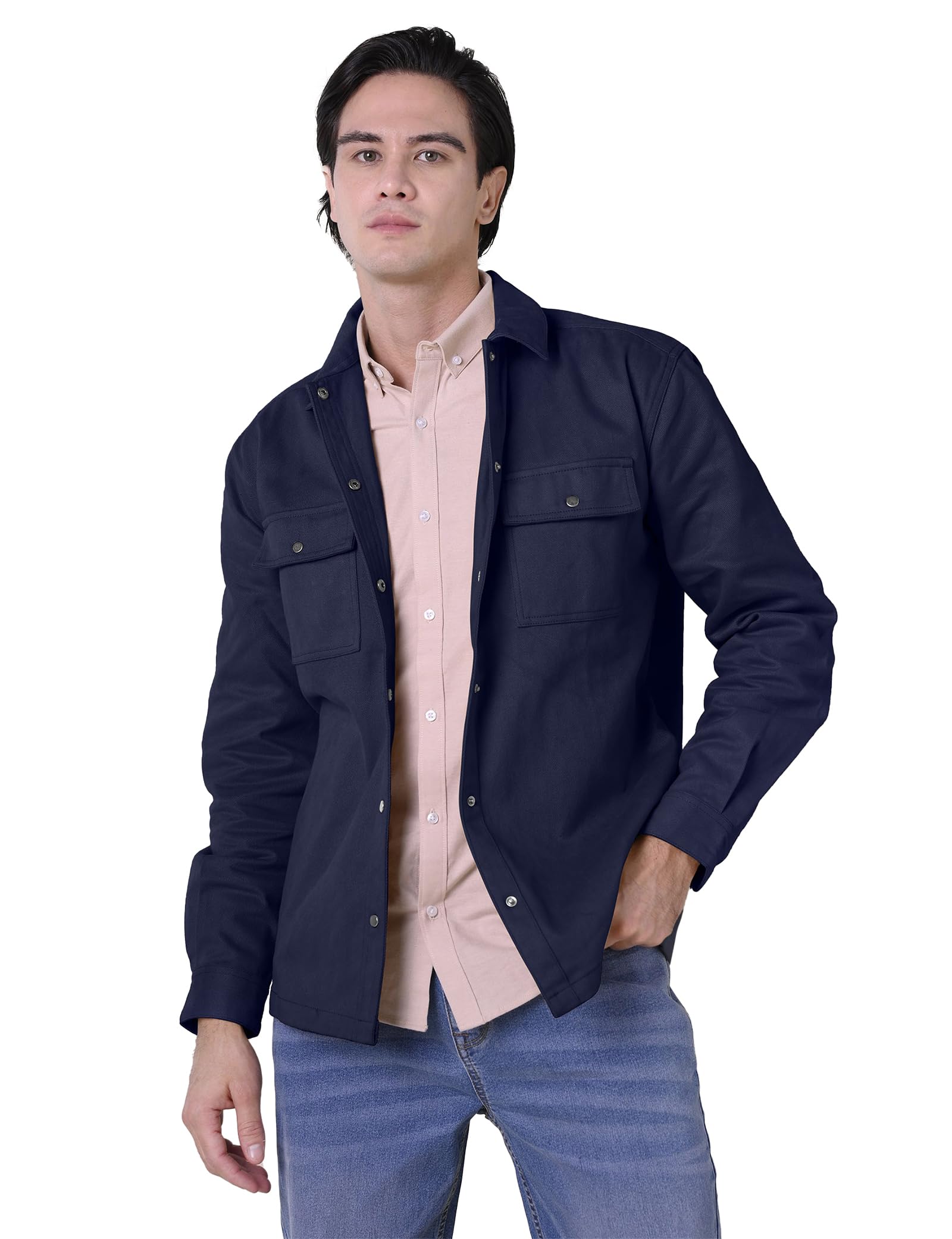 Enorsia Men's Navy Premium Twill Shacket With Classic Collar, Long Buttoned Sleeves, Button-Through Front Fastening (, M)