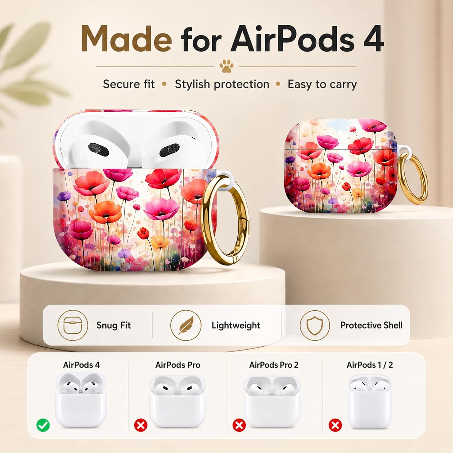 Compatible with AirPod 4 Case 2024, Cute Hard Plastic Protective Cover for Airpod 4th Generation Women, Shockproof Shell Skin with Gold Ring Keychain,Poppy Flowers Colorful Abstract Art image 2