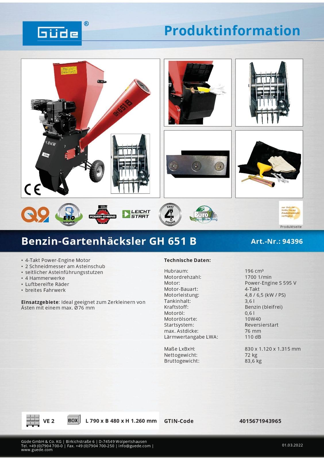 GÜDE GH 651 B Trituradora de jardín | Motor de gasolina | 4800 W de potencia | Para ramas con hasta 76 mm de diámetro | Suspensión