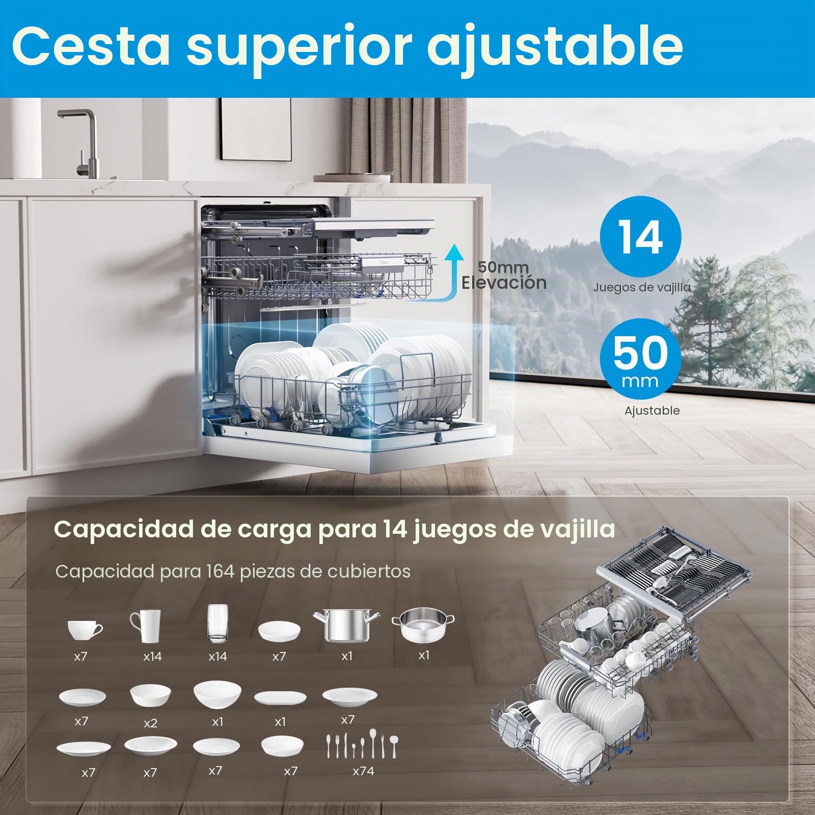 Midea SU 7.35 x 14BS Lavavajillas 60 cm Base 14 cubiertos Lavavajillas Parcialmente Integrado con WiFi, Secado Extra, 8 Programas, 42 dB, 1-24 Horas Inicio Retrasado, Acero Inoxidable