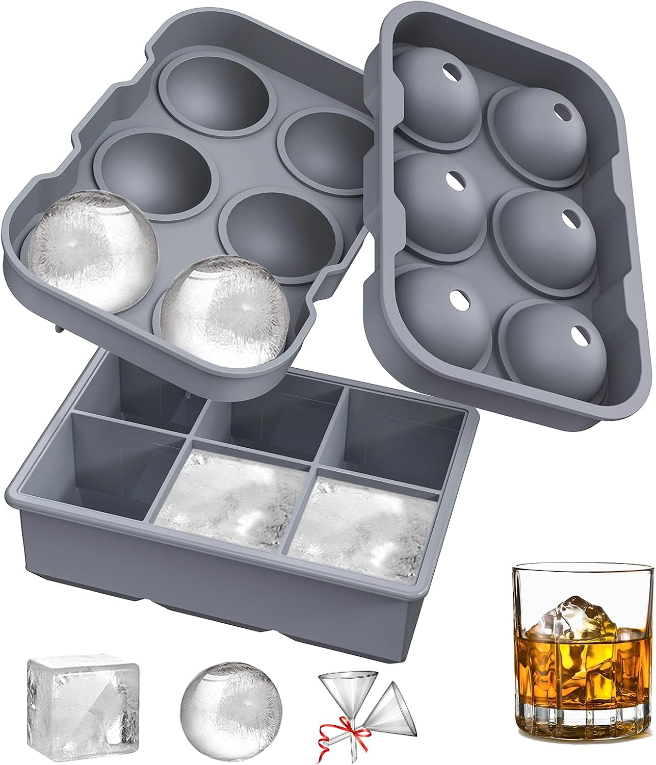 Ice Cube Tray, Katbite Large Silicone Ice Cube Trays for Freezer, Sphere Ice Cube Mold for Whiskey, Red Wine, Cocktail, Non-stick Easy to Release