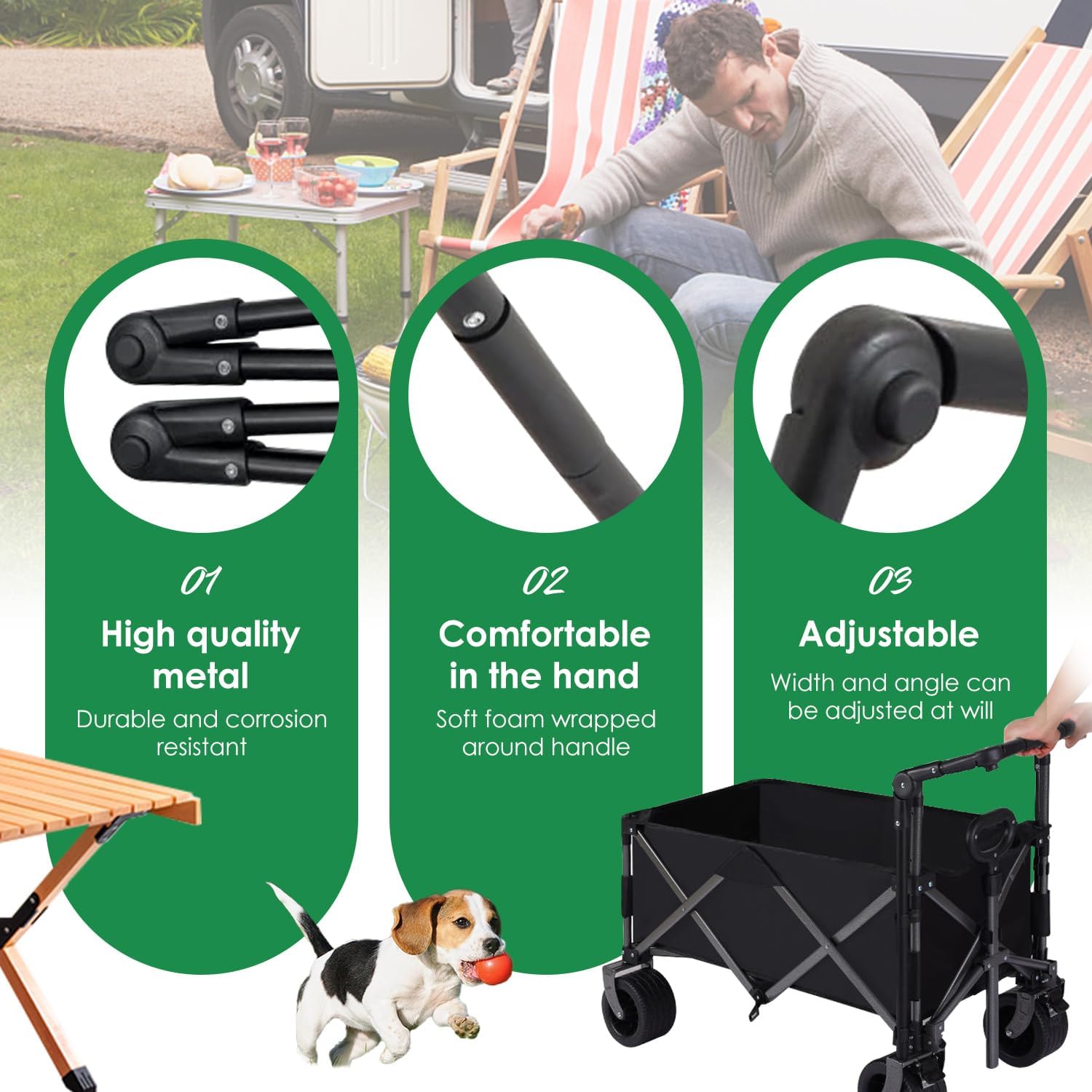 Carrello pieghevole regolabile con maniglia a spinta, resistente per tutti i terreni, per campeggio, spiaggia, giardino e shopping, grande capacità con freno, soluzione versatile per il trasporto