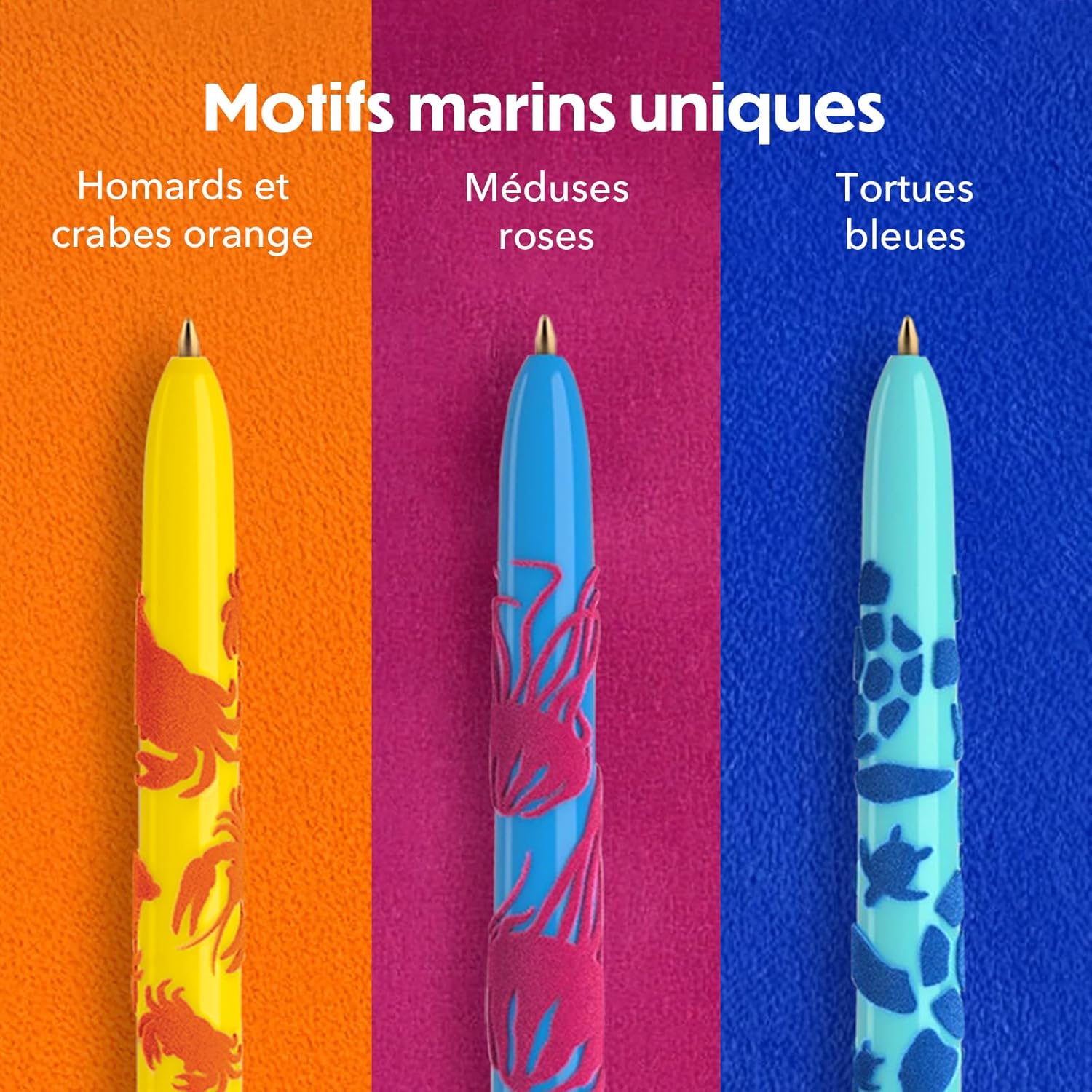 BIC 4 Colours Velours Ball Pens Medium Points (1.00 mm) Sea Life Theme - 3 Assorted Designs, Pack of 6