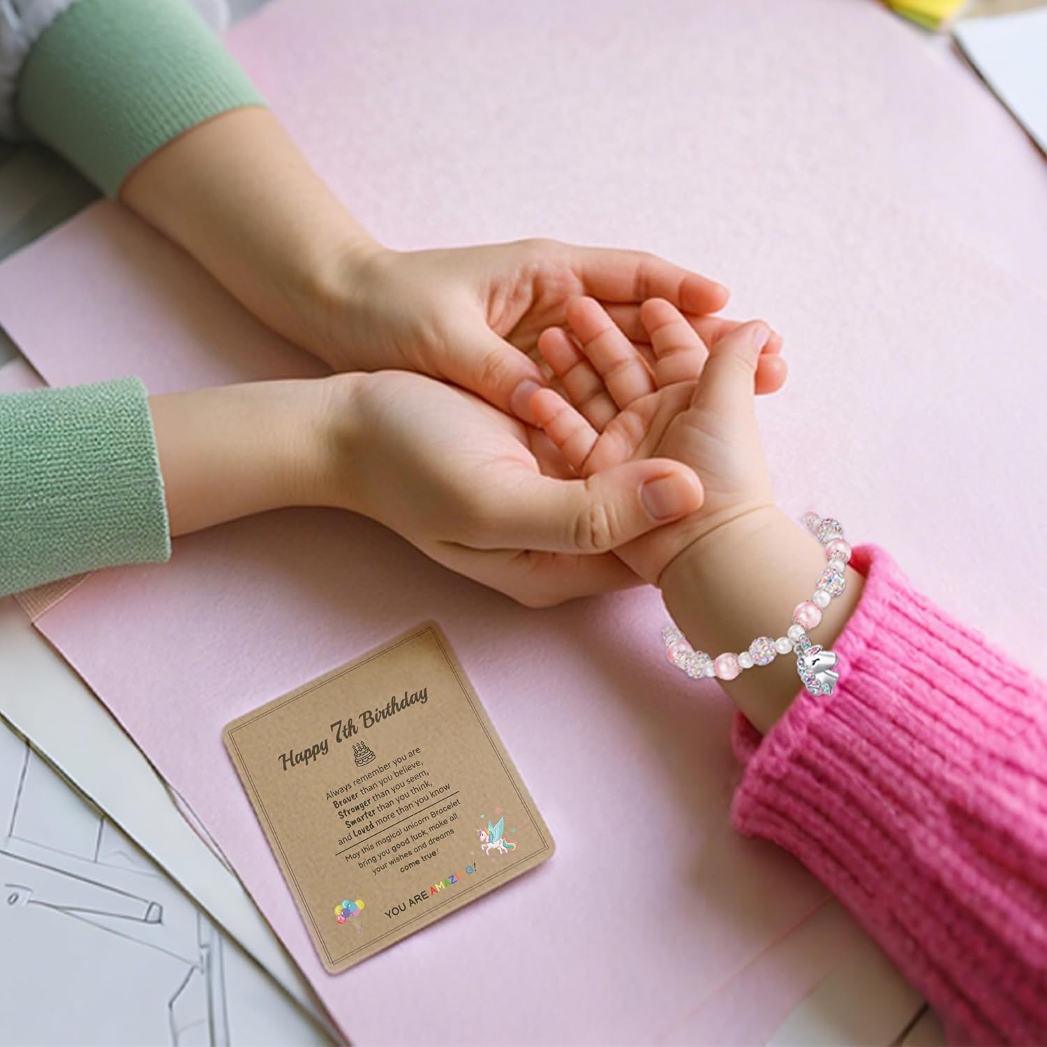 HGDEER Adjustable Pink Pearl Unicorn Charm Bracelet for Girls Daughter Granddaughter Niece, Unicorn Birthday Christmas Graduation Gifts for Girls - Image 2