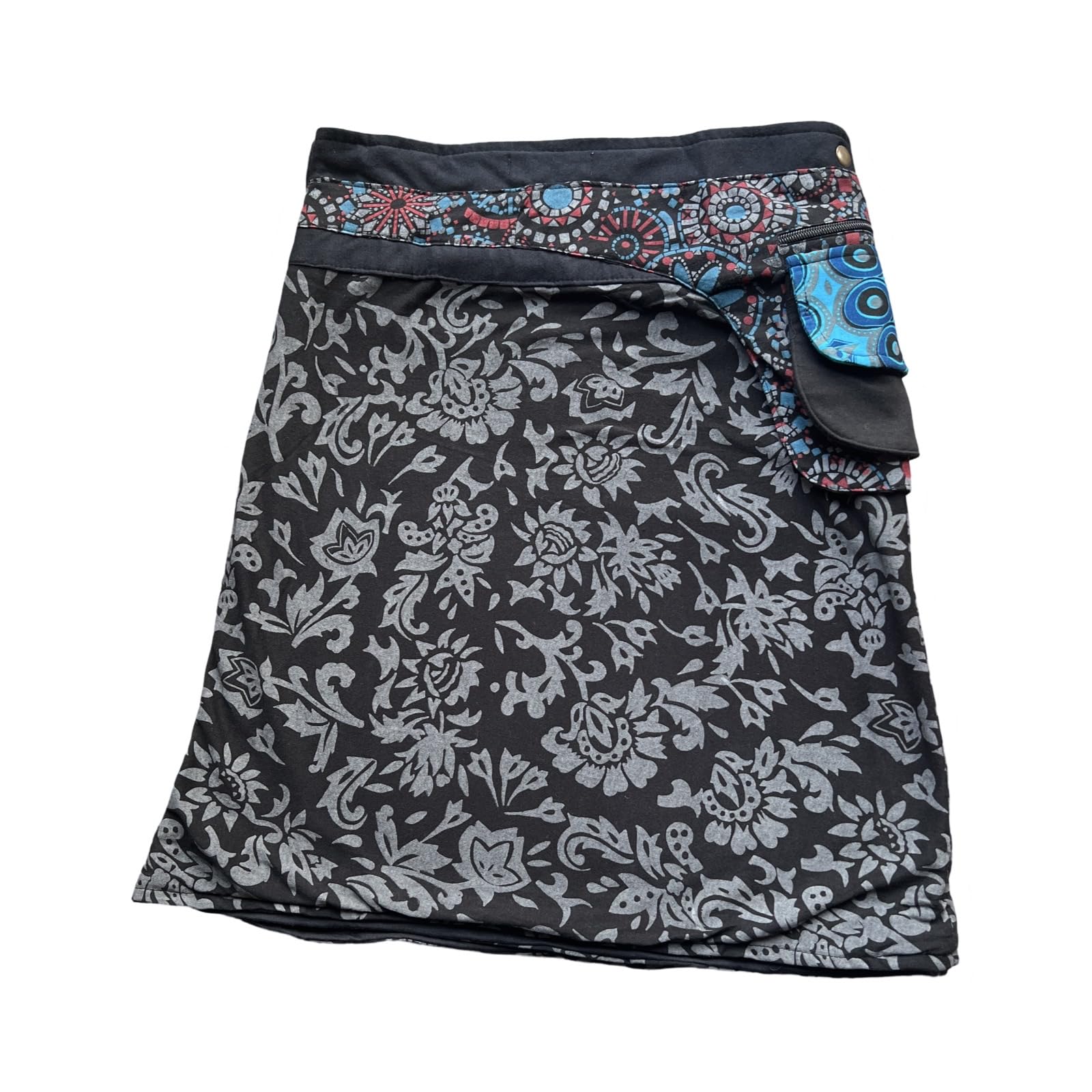 Gonna a Portafoglio con Motivi Geometrici e Floreali, Bottoni Decorativi in Metallo, Stile Boho,Tasca con Cerniera