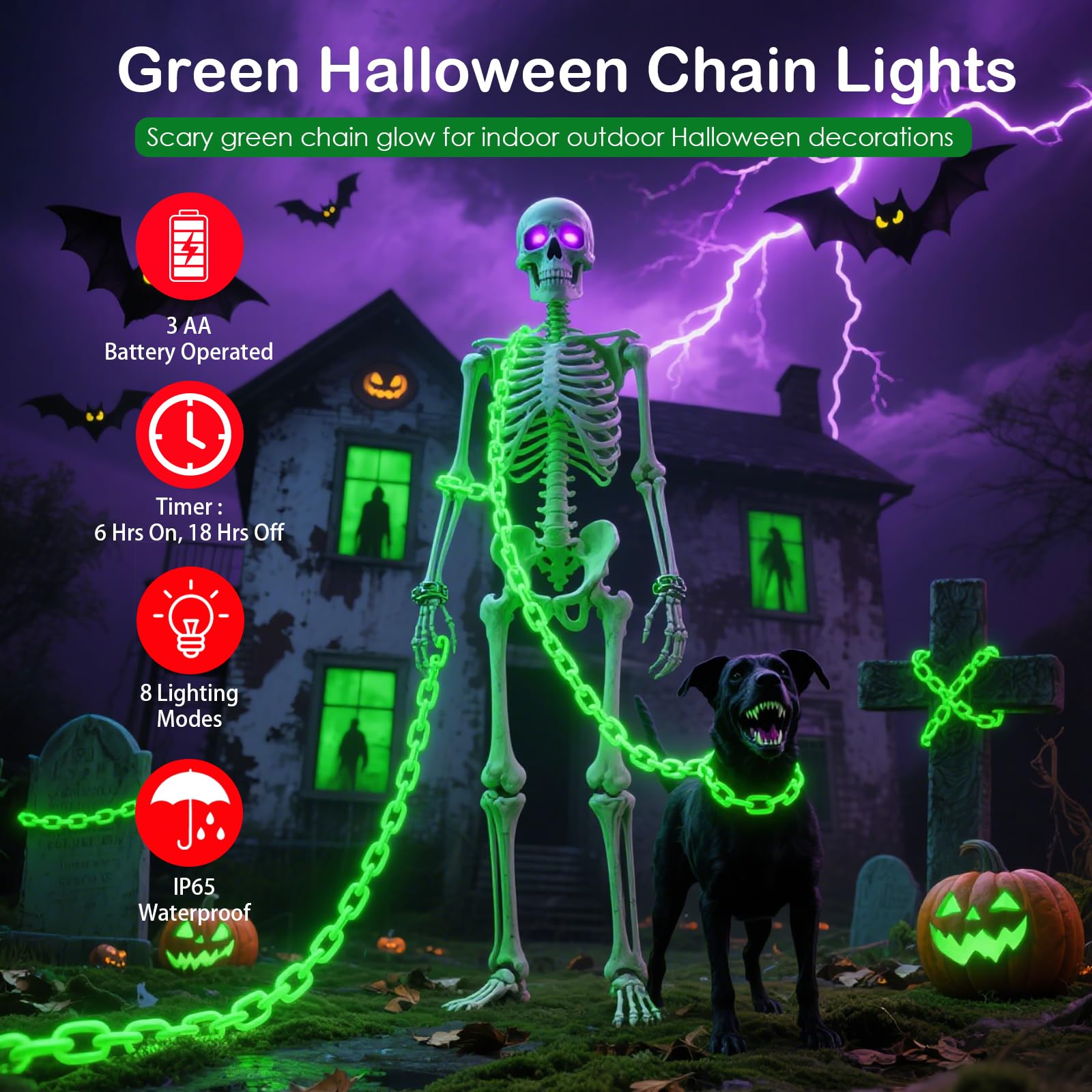 Catene verdi da 3 m a batteria, luci di Halloween, decorazioni di Halloween per esterni e interni, 8 modalità di illuminazione con timer per feste, casa infestata, scheletro, cane, raccapricciante