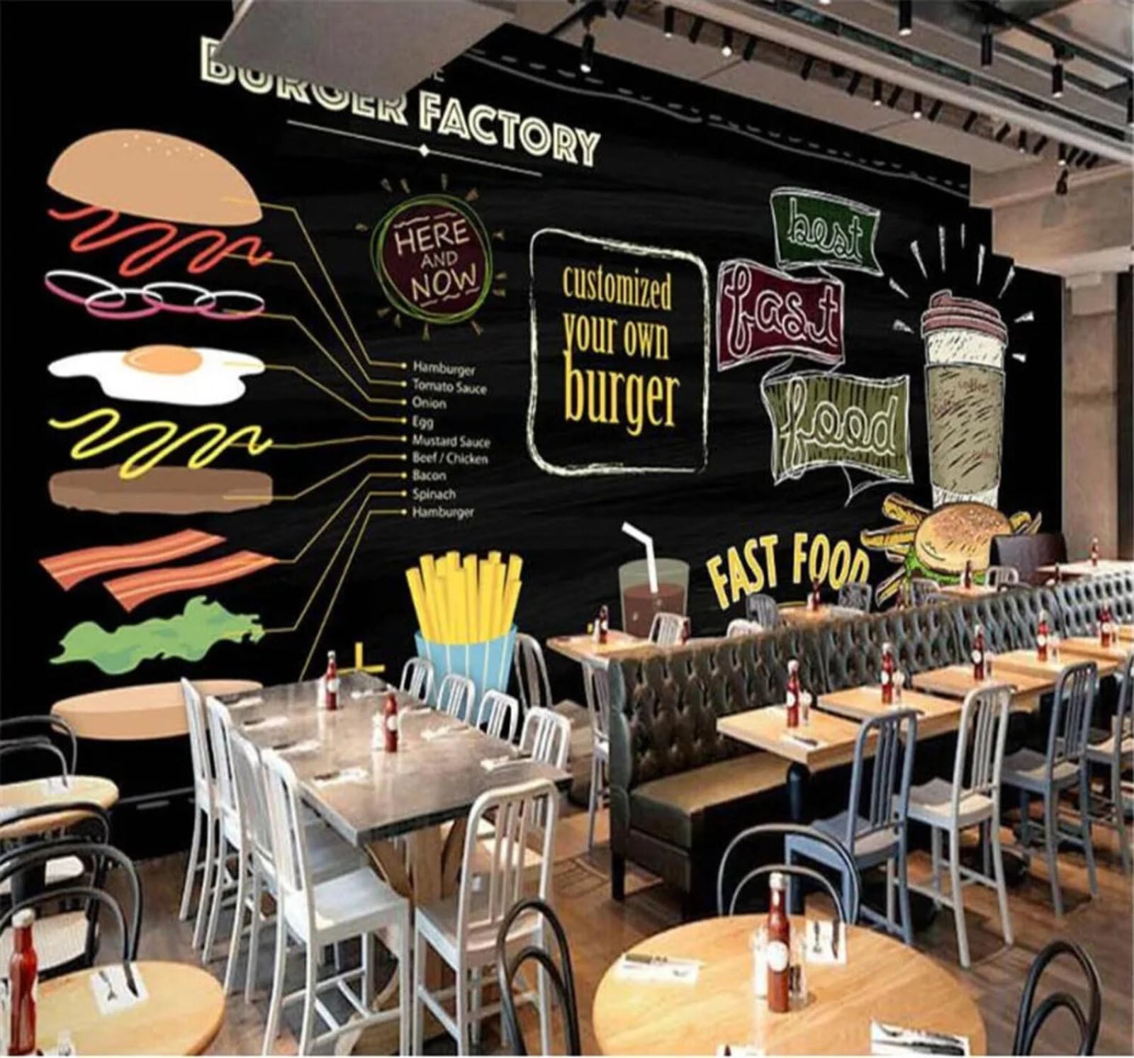 Tzxztt Chalkboard Hand Drawn Food Burgers Fast Food Restaurant Modern 3D Wallpaper Premium Textured Silk Neutral Tones Material Ideal for Living Room Bedroom-430cm×300cm