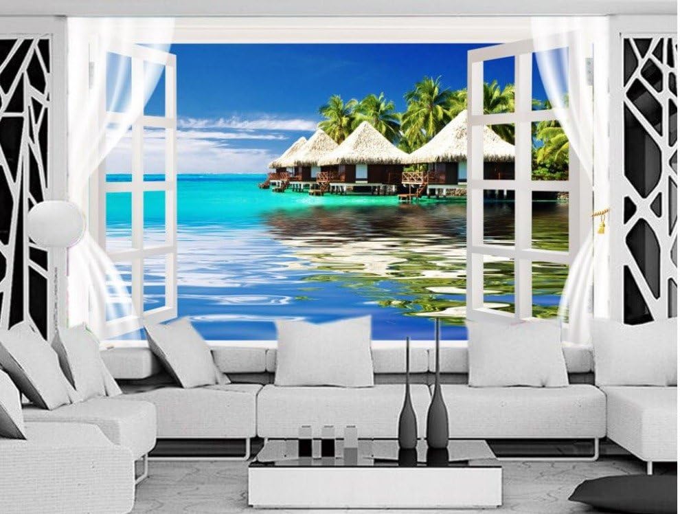 Amazon Yosot 3D壁紙 モルジブ海の海の空間の窓の背景壁画のリビングルームカスタム3D写真の壁紙300cmx210cm 壁紙