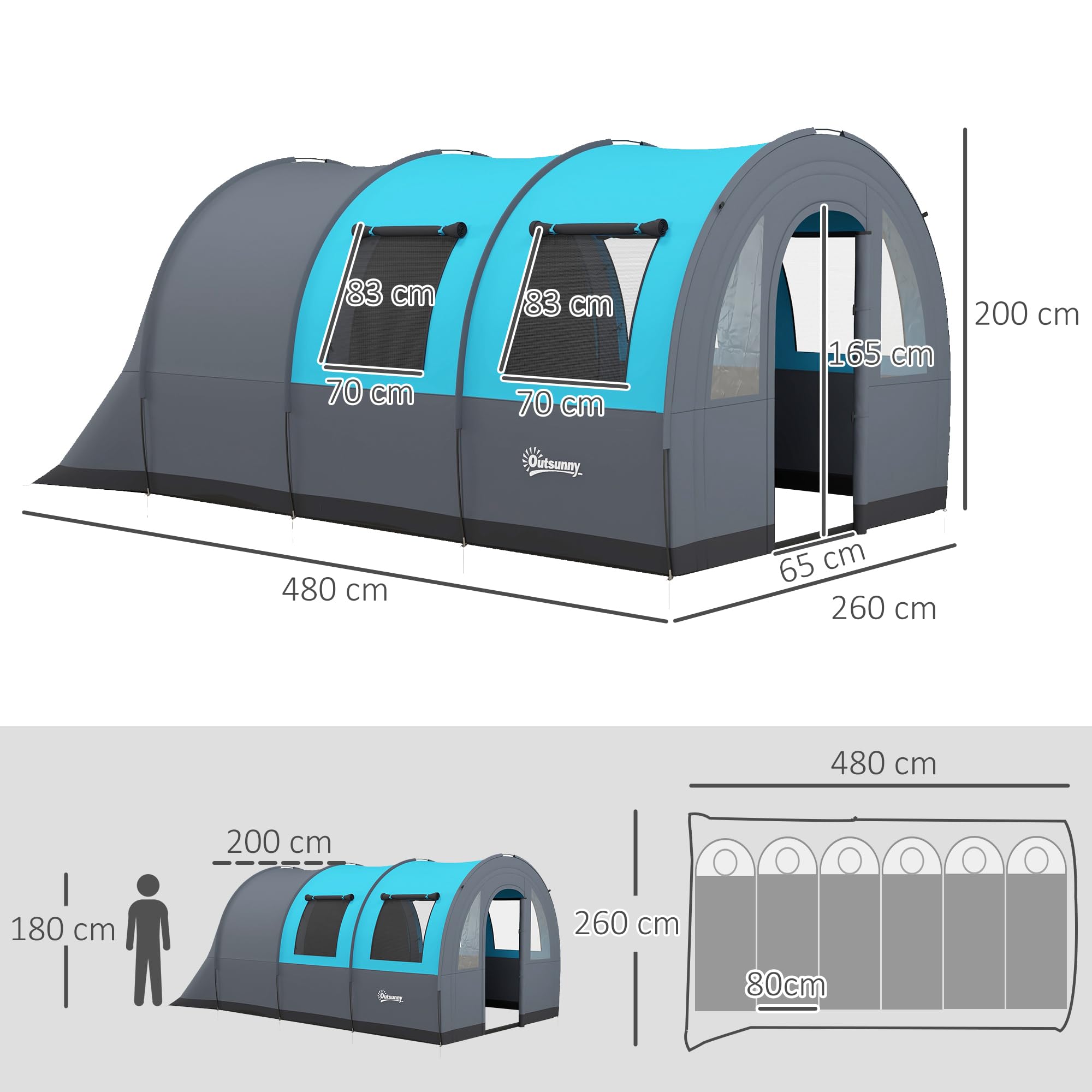 Outsunny Tenda da Campeggio 5 Posti Impermeabile con Zona Notte e Zona Giorno Separate, tenda Trekking in Poliestere, 480x260x200 cm, Grigio e Blu