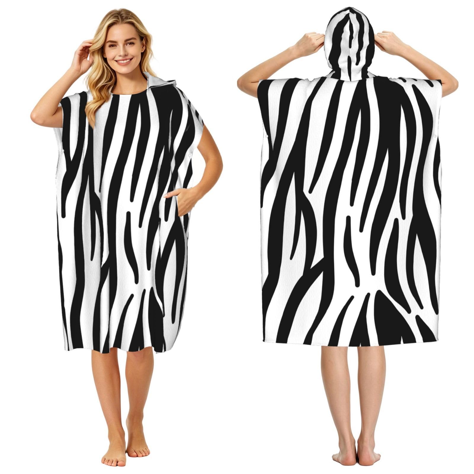 Poadnly Zebra Print, Adult Hooded Beach Towel 90 x 110 cm,Changing Bath Robe, Surf Poncho Towel For Women Men