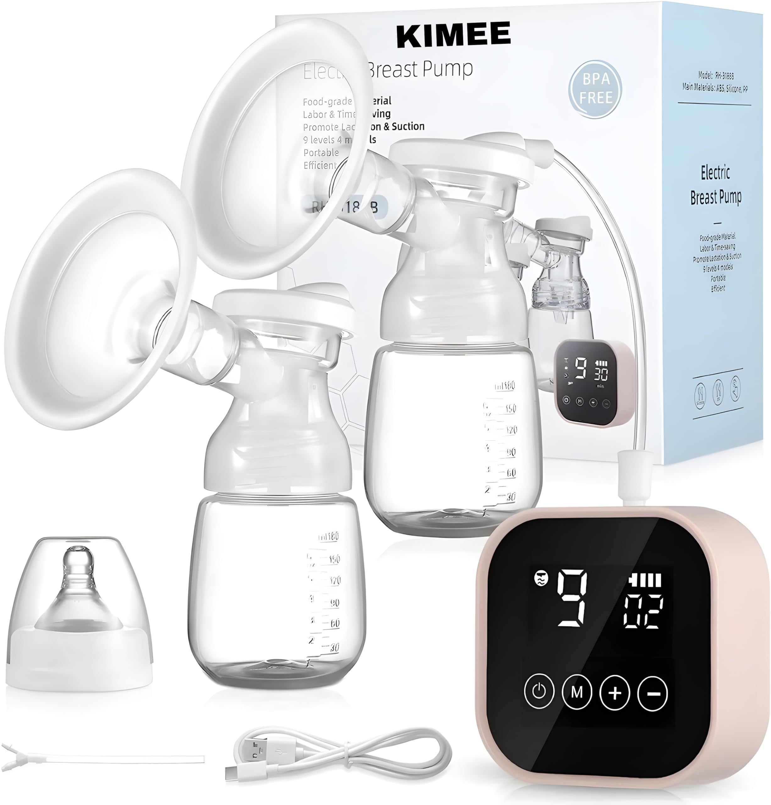 KIMEE Double Electric Breast Pump, Portable Breastfeeding Milk Extractor with Smart Touch Screen, 4 Modes & 9 Suction Levels, Rechargeable 1100mAh Battery, BPA-Free & Ultra-Lightweight-image-25