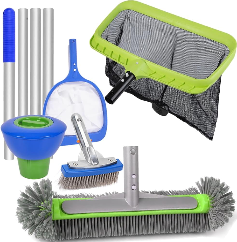 Pool Maintenance Kit with Pole- Skimmer Nets, Brushes & Chlorine Dispenser for Easy Pool Cleaning (5.01ft)
