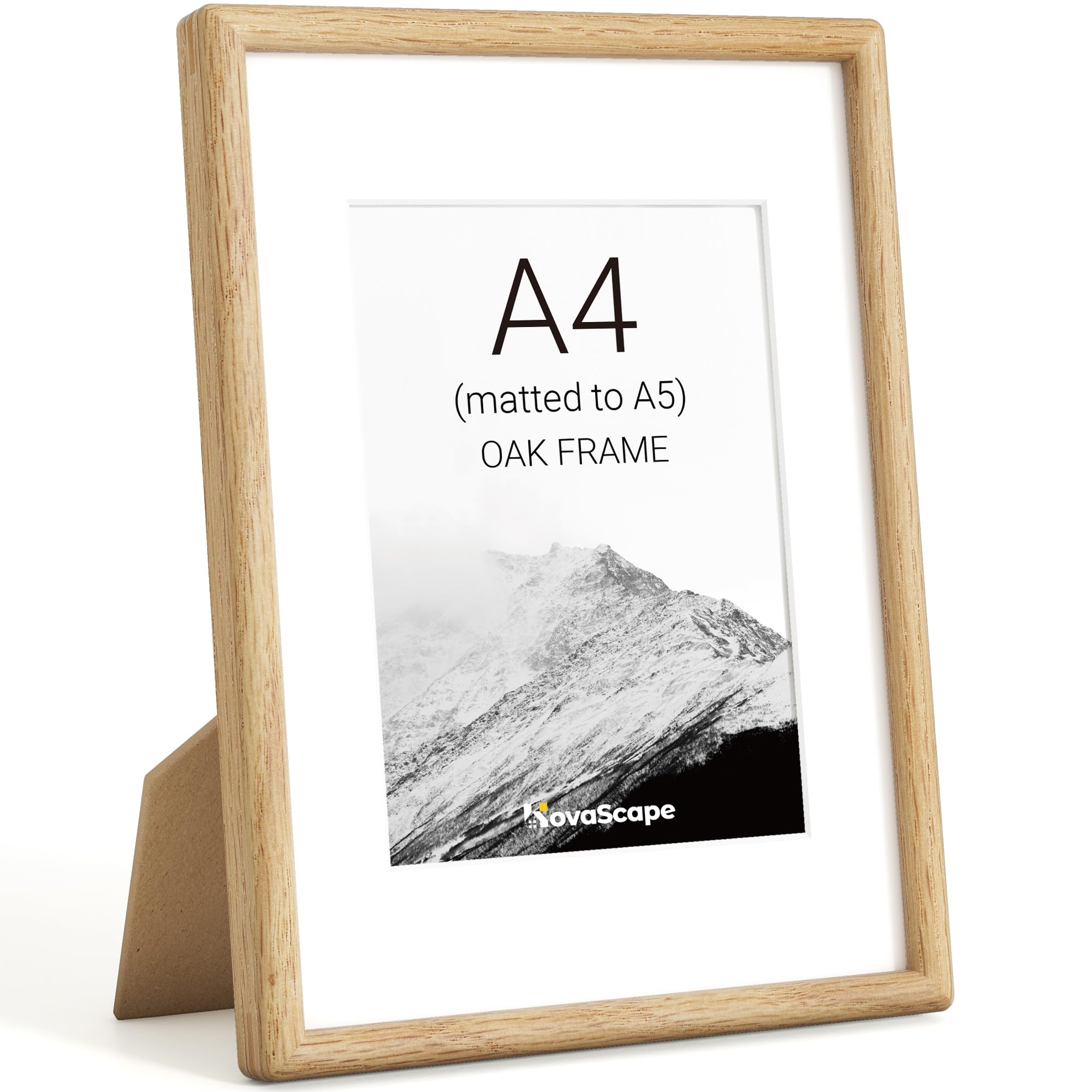 KovaScape A4 Picture Frame, Solid Oak Wood Photo Frame with Tempered Real Glass, Includes White Mount for A5(13.9x20 cm) Photo, Rounded Corner Design, For Wall Hanging or Tabletop Display