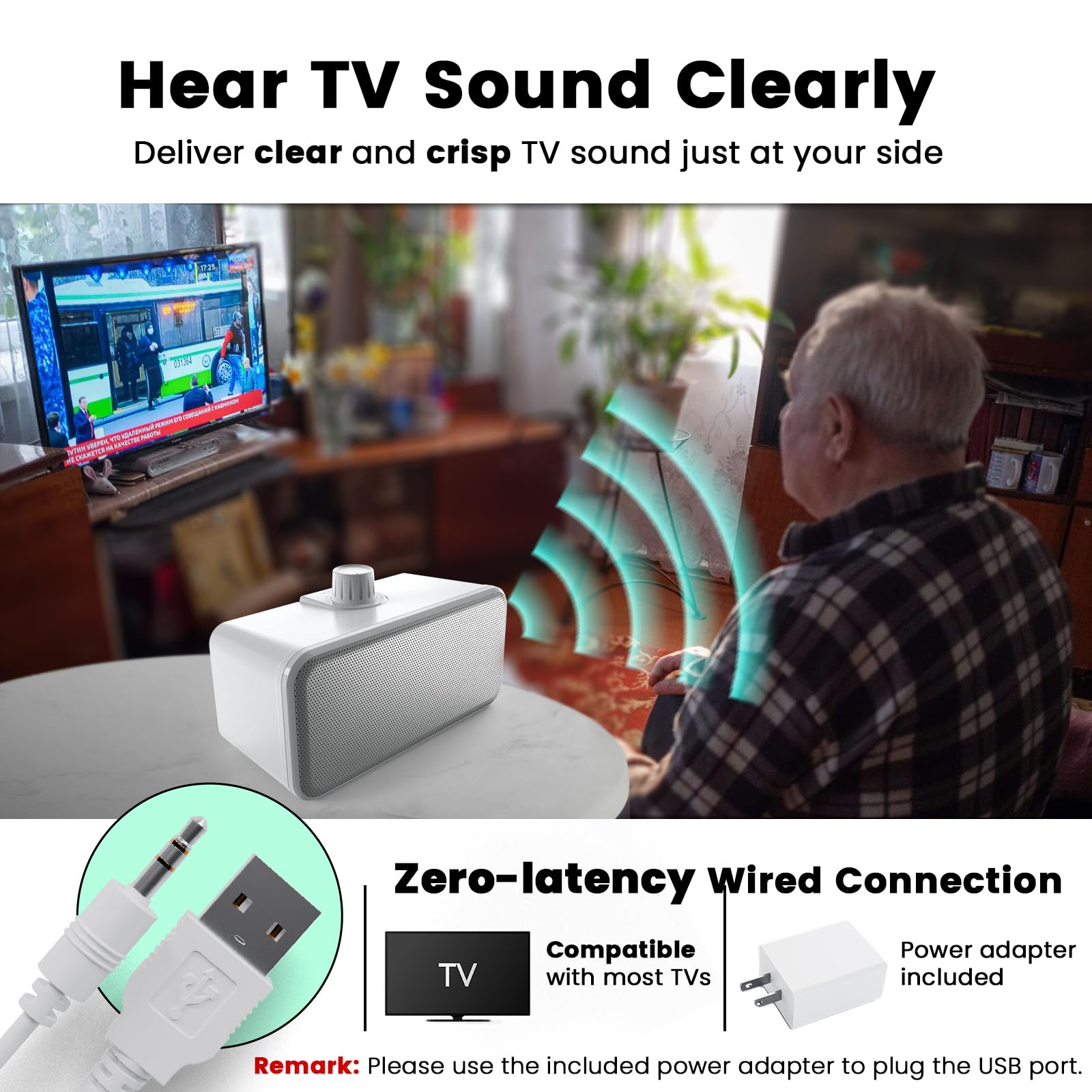 ANSTEN Sprachverstärker für Fernseher mit 5m Kabel,Plug&Play,Clear Voice | TV Lautsprecher für Senioren und Hörgeschädigte, Keine Audioverzögerung