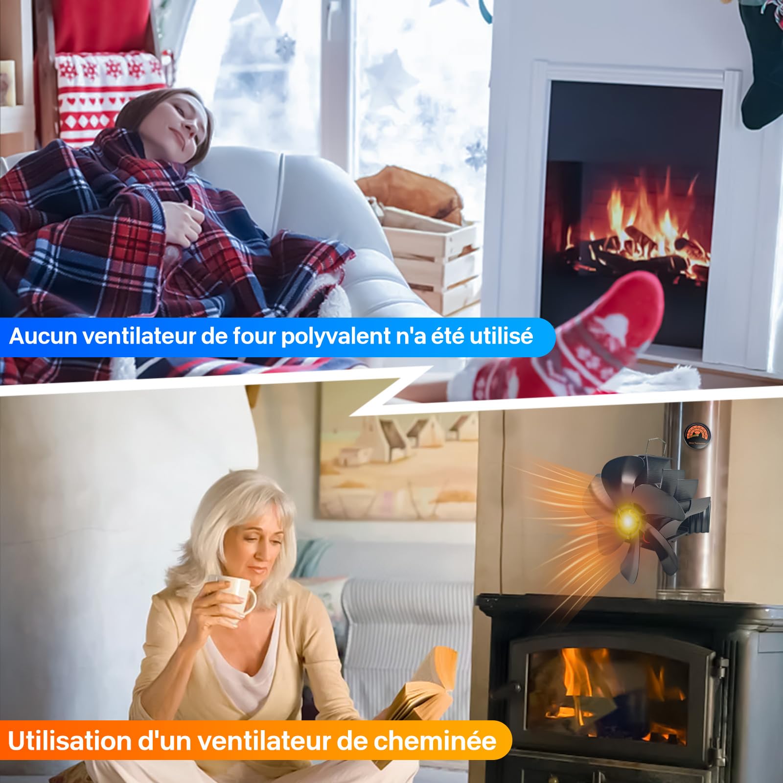 Ventilatore da camino, magnetico, 6 pale, con termometro termico termico, ecologico, per stufa a legna e camino, distribuzione del calore silenzioso