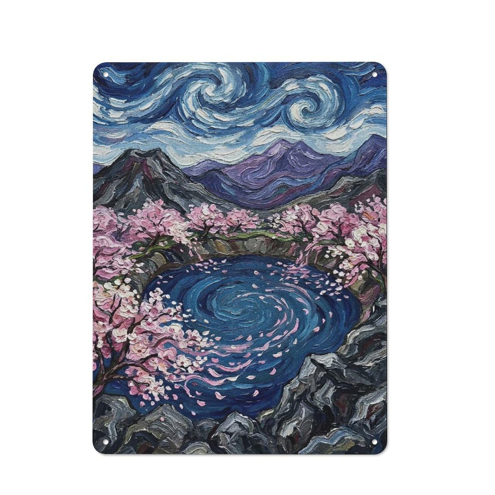 Junmoney Style-24 Cherry Blossom Pond Impressionistic Painting Retro Metal Wall Decor 40X30cm, Vintage Metal Sign For Cafe, Pub, Workshop Or Home Bar