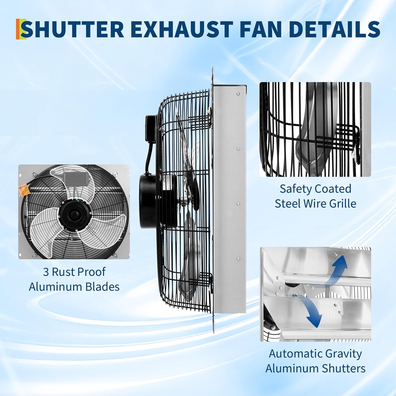 14 Inch Wall Mounted Shutter Exhaust Fan, 1500 CFM High Speed Ventilation with Auto Shutters for Attic, Garage, Greenhouse & Shed - Image 5