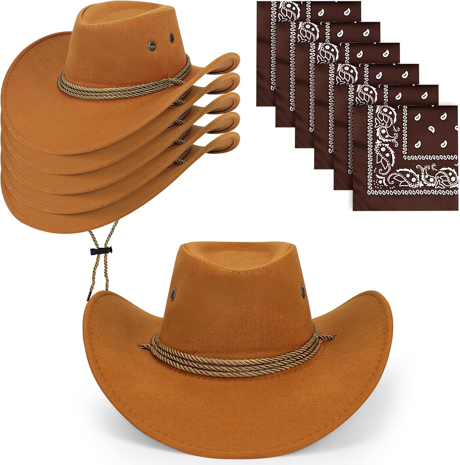 6 Set Cowboy Hat Set, Cowgirl Hat Bulk and Bandana Brown Western Costume Hats with Adjustable Drawstring for Adult Costume Party Stage Performance