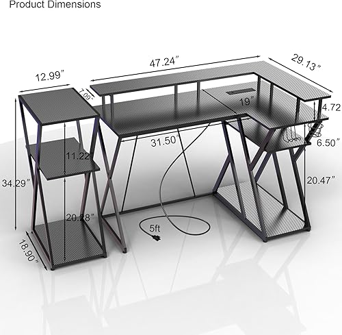 Miniatura 2 de Escritorio para juegos en forma de L de 47 pulgadas, escritorio para juegos con luces LED, escritorio para computadora con tomas de corriente, mesa