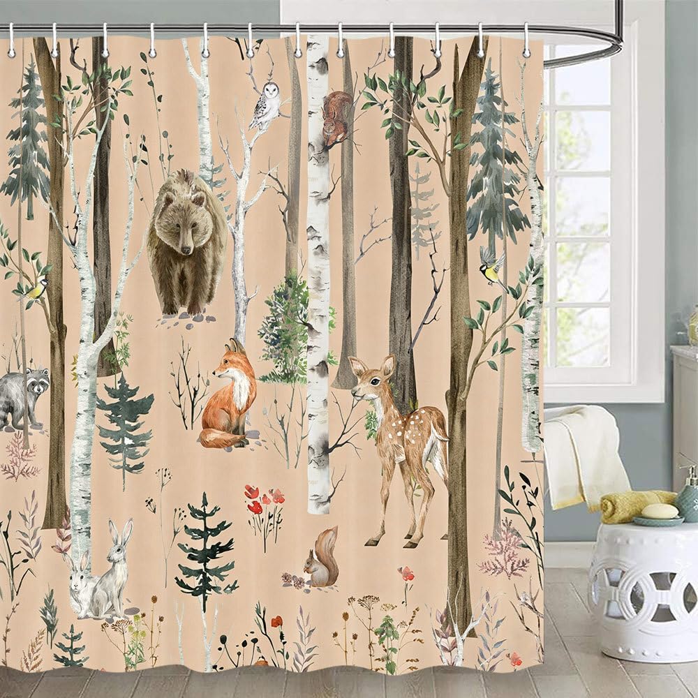 JAWO Rustic Forest Shower Curtains, Lodge Cabin Woodsy RV Shower Curtain, Wildlife Animals Woodland Campers Camping Bathroom Set with Hooks, 72X78 Inch, White