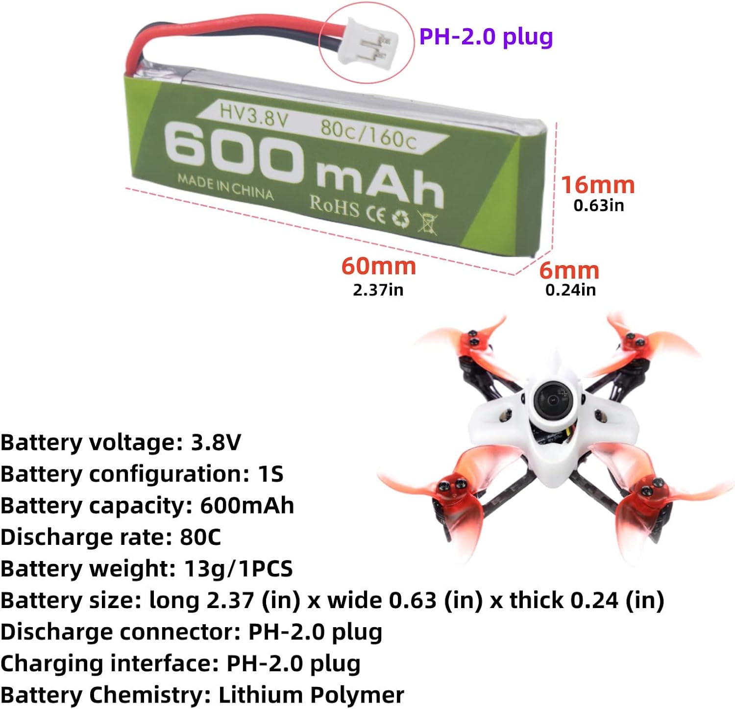 sea jump 3PCS 1S 3.8V 80C 600mAh Lithium Battery with JST-PH 2.0 Plug Connector Suitable for Cineahoop Tinyhawk Mini FPV Racing Drone RC Remote Control Aircraft Battery