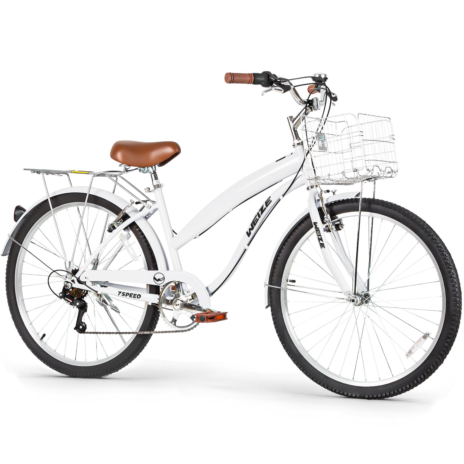 WEIZE Beach Cruiser Bike, 26 inch Commuter Bicycle for Adult Men and Women, 7-Speed/High-Carbon Steel/Front &amp; Rear Fenders, Comfortable City Bikes with Rear Rack&amp;Basket, Ergonomic Upright Design,White
