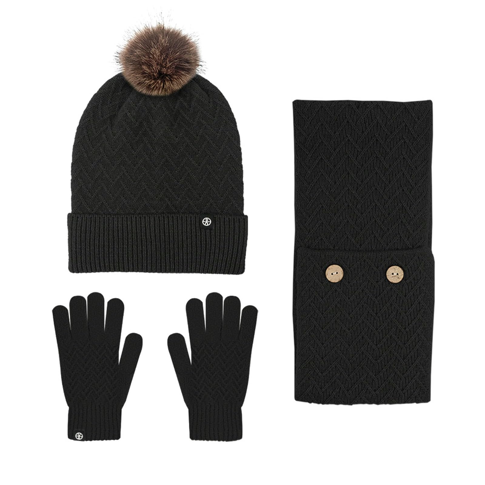 Wintermütze Schal Handschuhe Set Aus Strickmütze, Und Handschuhen Mit Bommel Für Den Herbst Winter Im Freien – Warm -schwarz