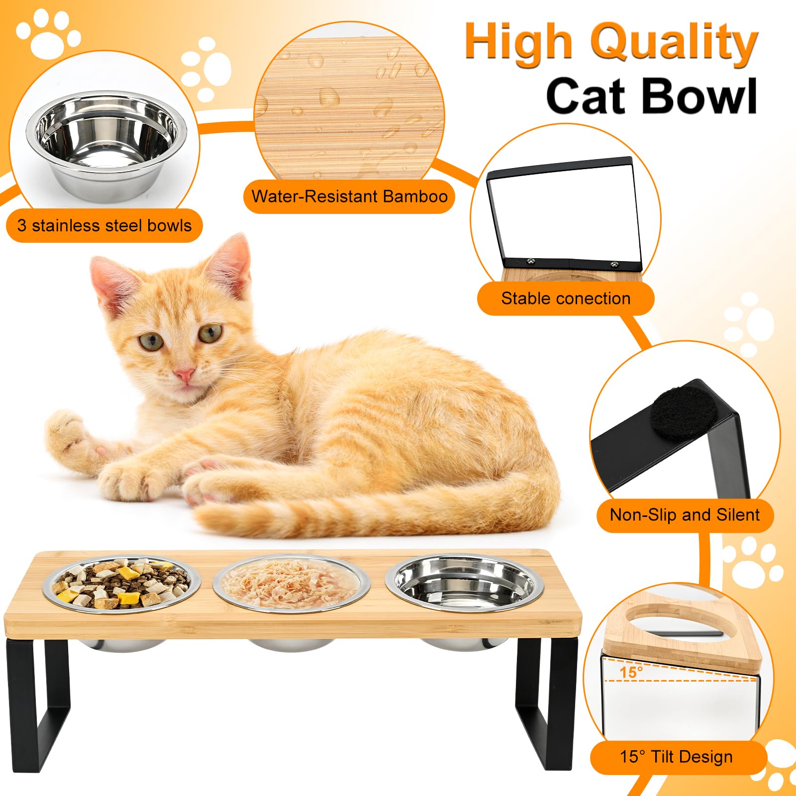 Lot de 3 gamelles surélevées en acier inoxydable avec support, inclinées à 15° – Station d'alimentation surélevée pour chats et petits chiens, anti-vomissements, base en bambou, facile à nettoyer
