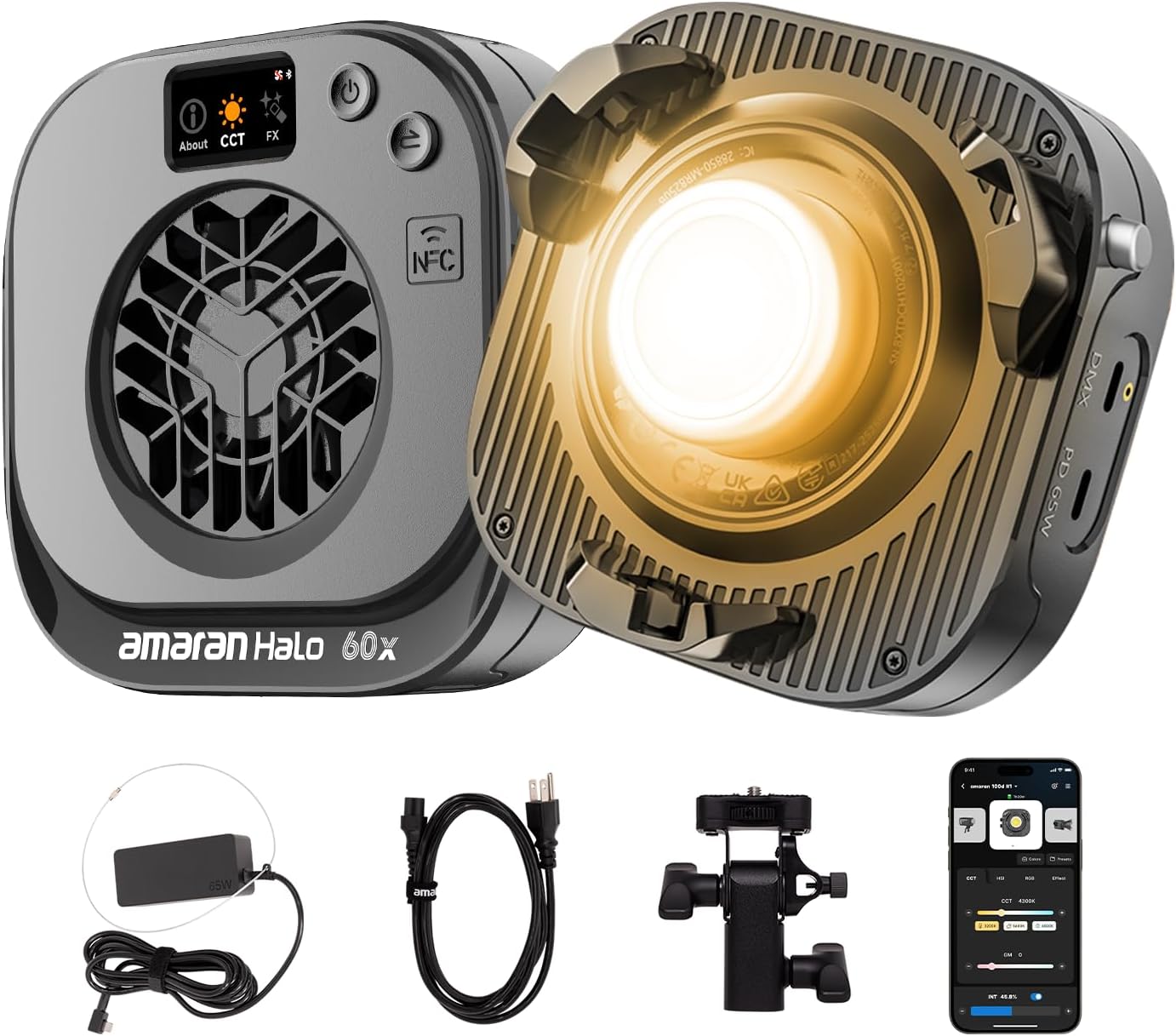 amaran Halo 60x 63W COB LED Video Light Bi-Color 2700K-6500K USB-C PD Power Up Up to 3270lux 85  Wide Angle Supports Bowens Mount DMX App Control Creator