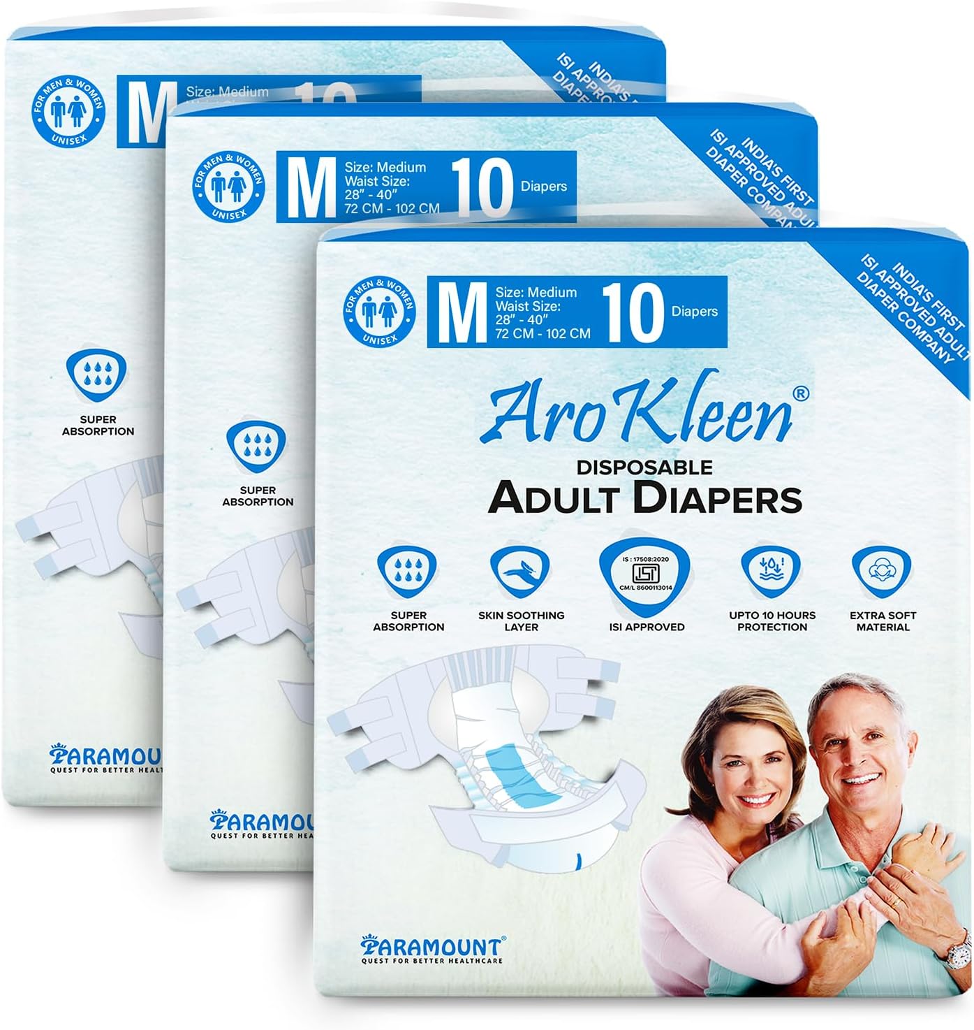 AroKleen (ISI CERTIFIED) Adult Diapers Tape Style | Medium (M) Size, 30 Count, Waist Size (72-102cm | 28"- 40" inches), Unisex, High Absorbency, Leak Proof, Overnight Protection, Odour lock, Anti-Bacterial Absorbent Core-Pack of 3