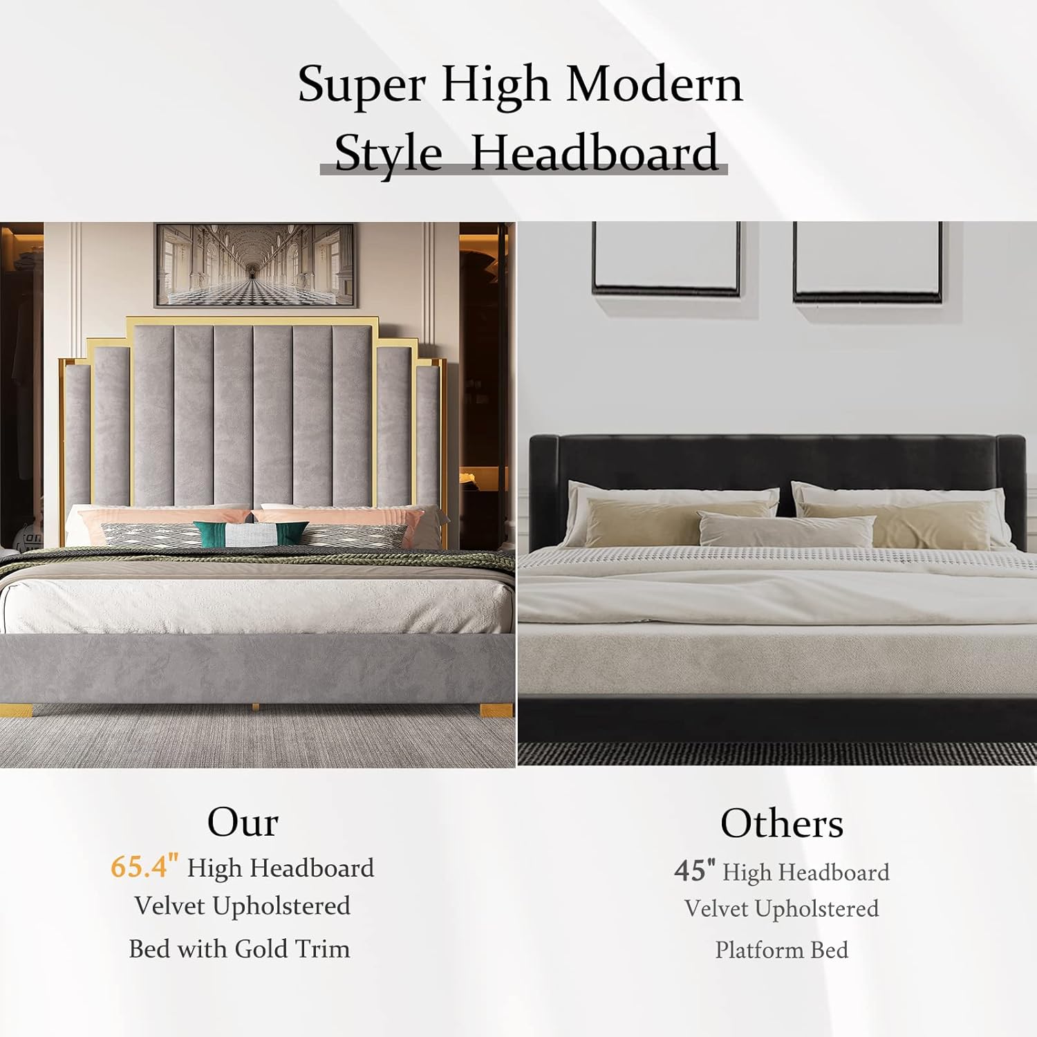 Albott King Size Platform Bed Frame, 65" Velvet Upholstered Bed with Gold Trim Headboard/Wooden Slats/No Box Spring Needed/Grey