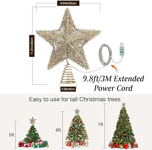 Miniatura 72 de Lewondr Decoración para árbol de Navidad, control remoto alimentado por USB, temporizador de 6 horas, estrella de árbol controlada con luces y Plata