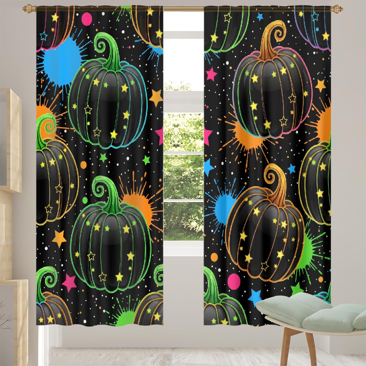 Rideaux transparents citrouille d'Halloween 140x200 cm lot de 2 en voile filtrant pour salon