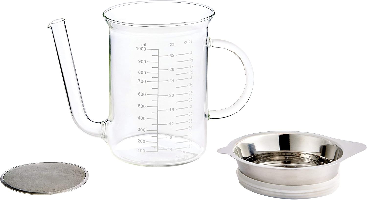 HIC Gravy Strainer and Fat Separator, Heat-Safe Borosilicate Glass with 18/8 Stainless Steel Fine-Mesh Filter and Pierced Strainer, 4-Cup (32-Ounce) Capacity
