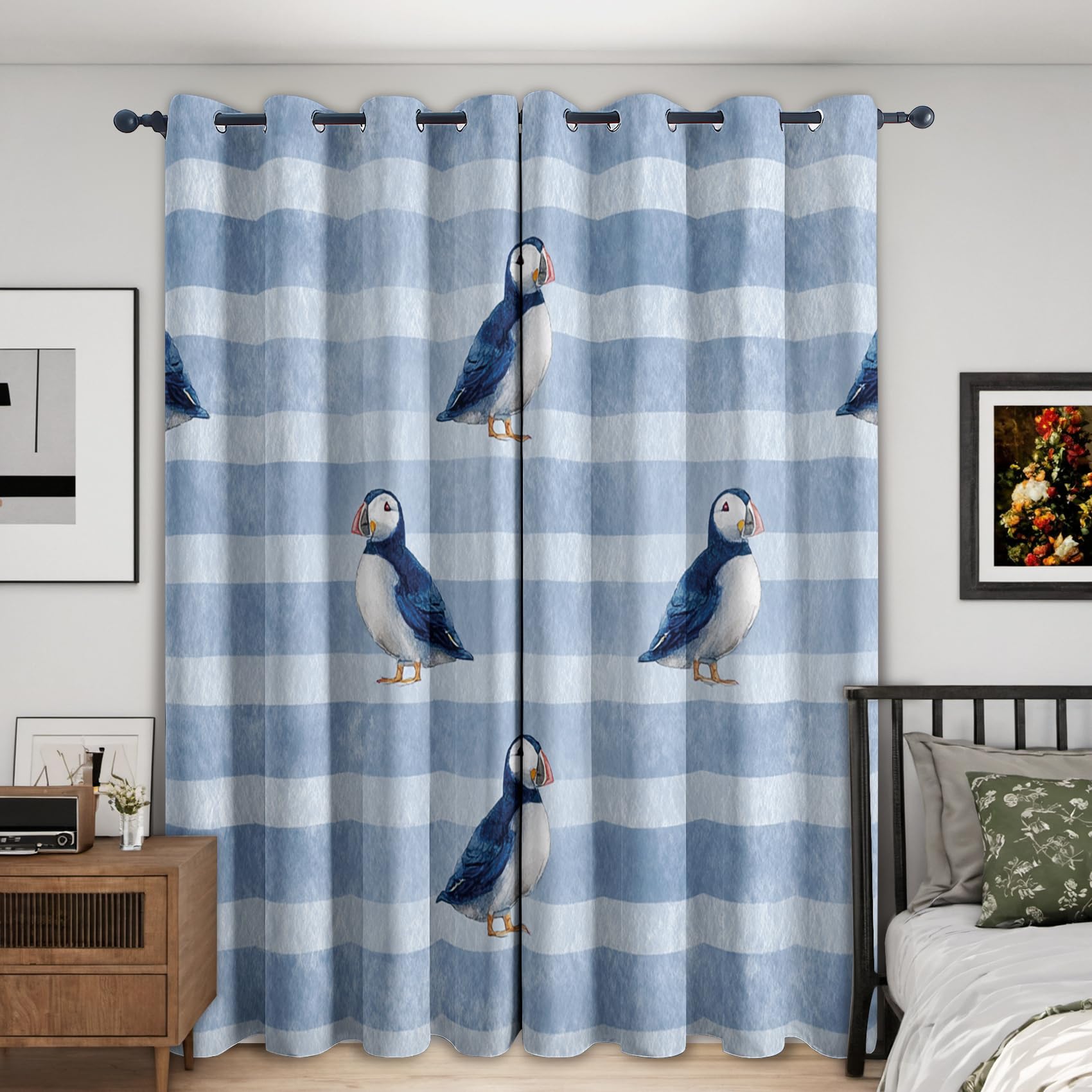 Rideau occultant macareux oiseau bleu rideaux thermiques salon chambre 140x160