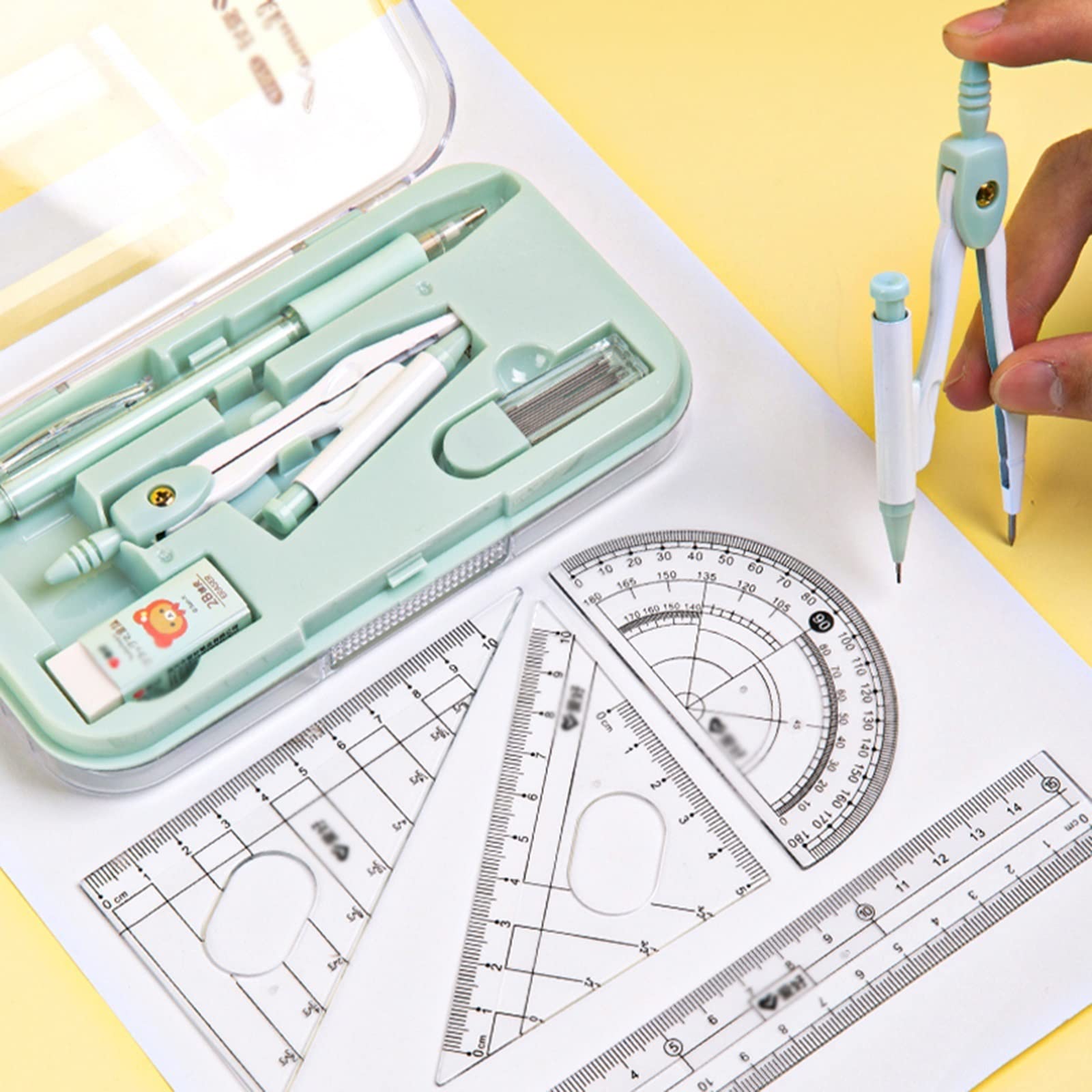 Mathematik-Set, Winkelmesser-Set, Zeichenkompass, Geometrie-Set, Zeichenkompass, Druckbleistift, Radiergummi, Winkelmesser, Lineal, Zeichenkompass-Set, 8-teilig, 0,7 mm, for Schüler, Zeichenkompass, K