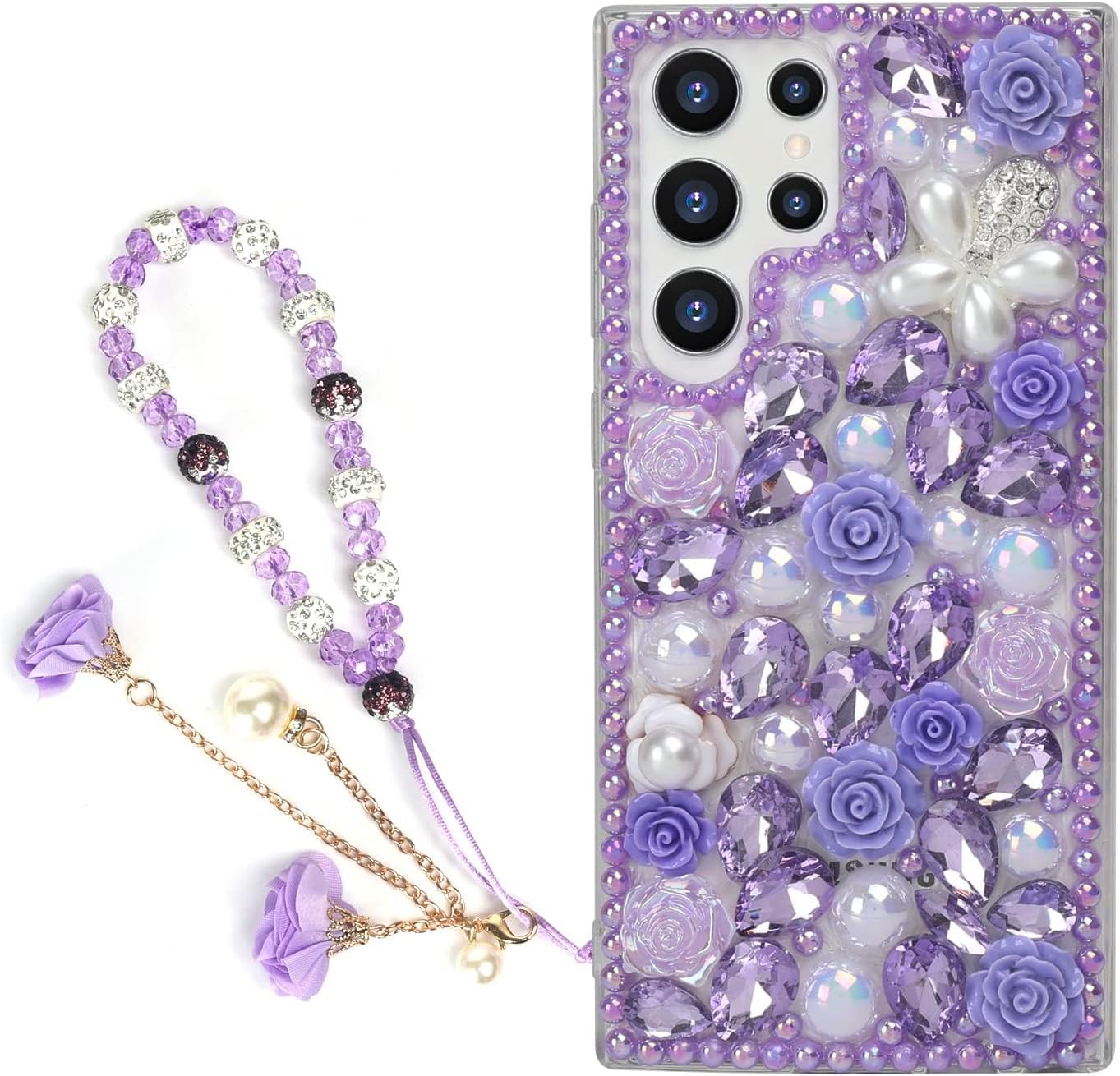Bling Case for Galaxy S24 Ultra with Strap, Luxury Glitter Rhinestone Diamond Crystal Sparkle Rose Flower Pearl Floral Bracelets Soft Bumper Protective Case Cover for Women Girls (S24 Ultra, Purple)